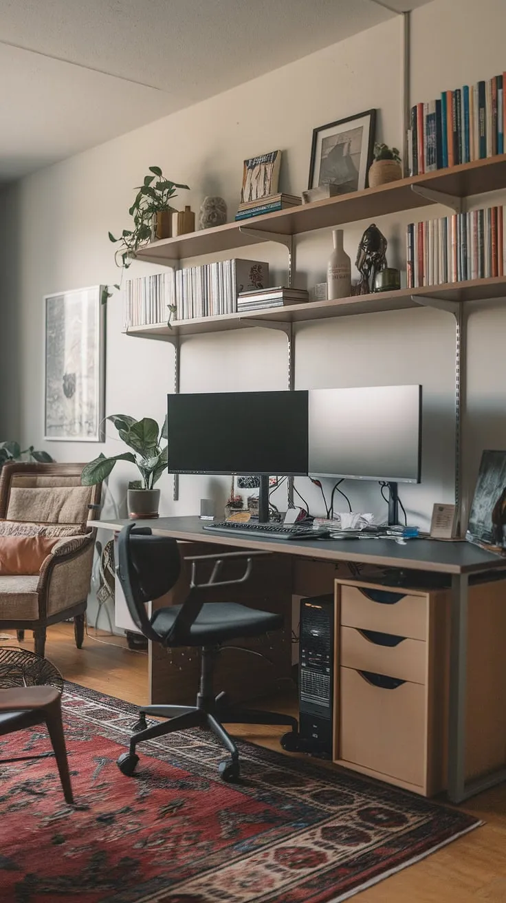 Transforming a living room into a productive haven: This compact home office design proves that even a small space can accommodate an office setup with two monitors.  Clever storage solutions and a calming color palette make this small office design feel spacious and inviting, offering inspiration for home office ideas, bedroom office ideas, and creating office space in living room, even if you're working with an office in a closet.