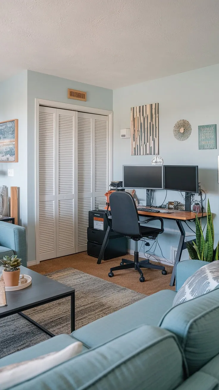 Transforming a corner of your living room into a productive haven? This compact home office setup, featuring an office setup with two monitors, proves that even small spaces can accommodate a functional workspace.  Perfect for those seeking home office ideas or bedroom office ideas, this small office design demonstrates how to create office space in living room without sacrificing style.  The office in closet concept is cleverly avoided, yet the small space office feels surprisingly spacious.