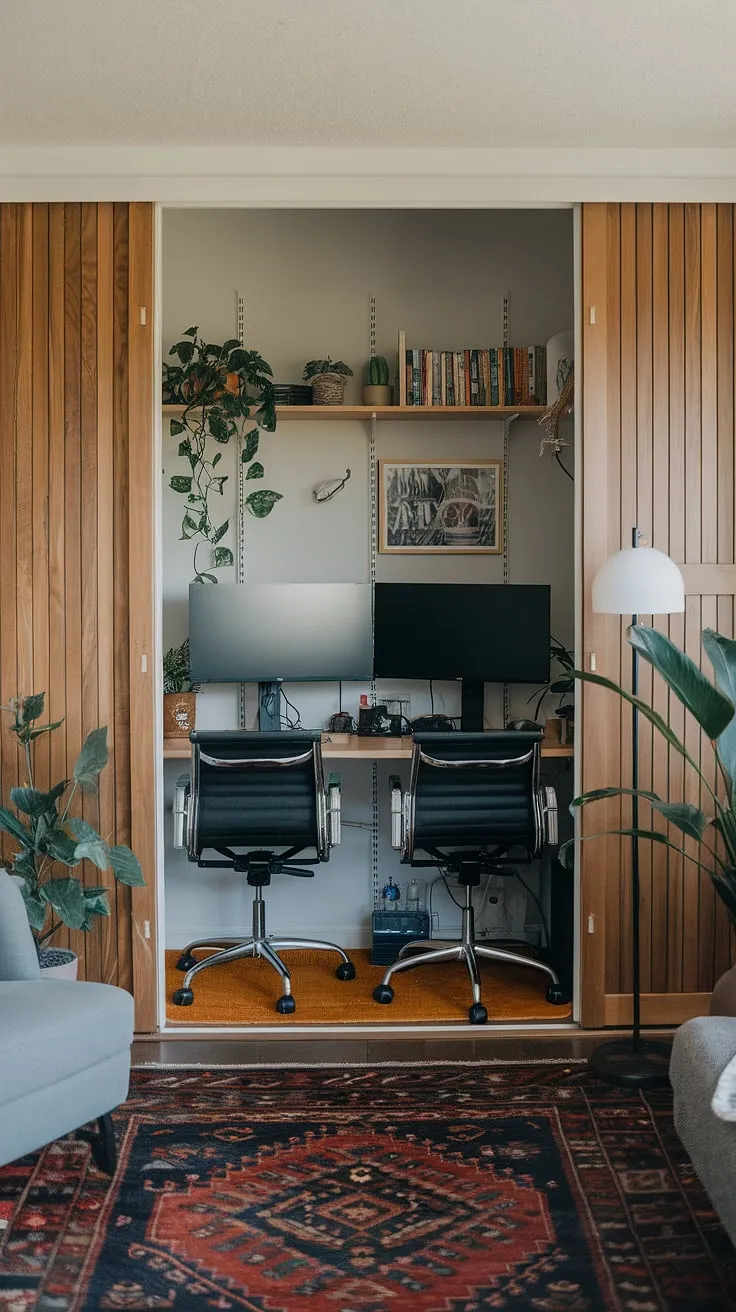 Maximize your space and productivity with this ingenious compact home office tucked away in a closet.  This small office design, perfect for home office ideas, showcases how creating office space in living room doesn't mean sacrificing style.  The office setup with two monitors proves that even a small space office can be highly functional, offering a blend of bedroom office ideas and living room office functionality.