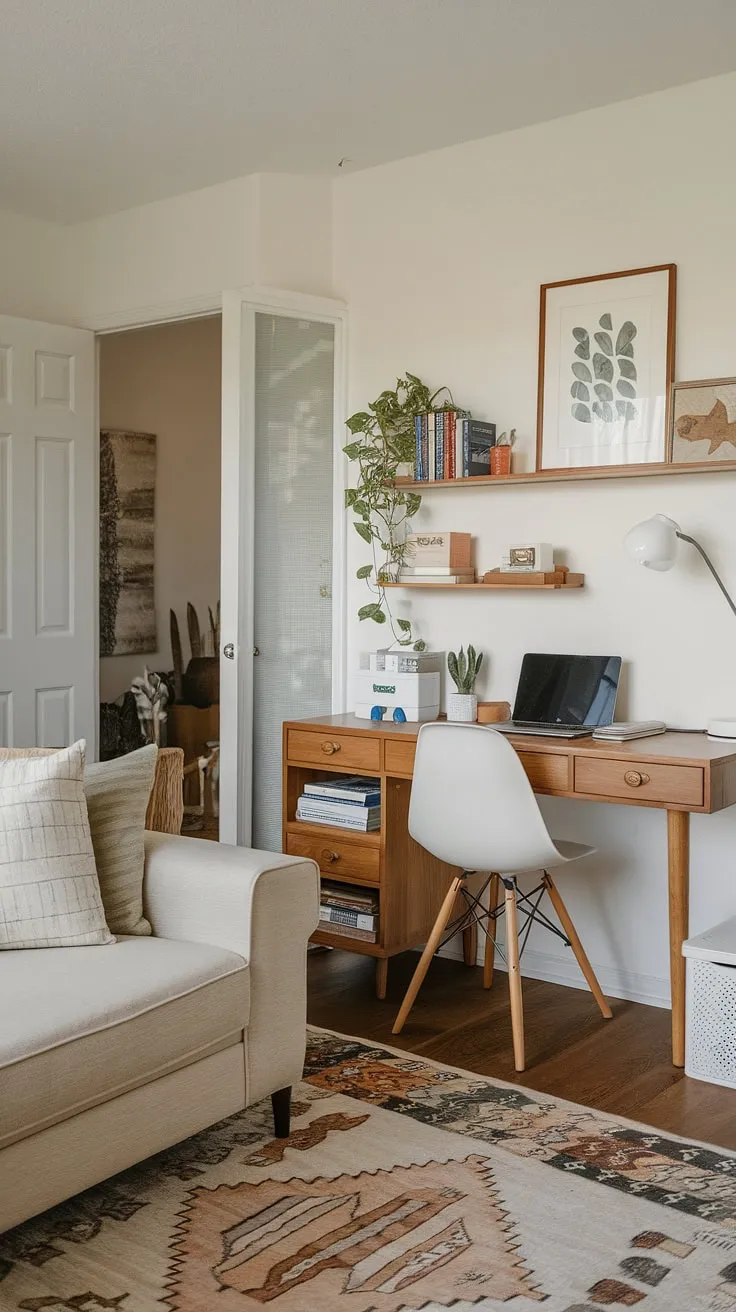 Maximize your living space with this inspiring living room office.  This small office design demonstrates how to create a functional and aesthetically pleasing workspace, even in a compact area.  From home office ideas for small spaces to bedroom office ideas, this setup offers versatile inspiration.  The clean lines and minimalist approach make it a perfect example of creating office space in a living room without compromising on style.  While this features a single monitor, the principles of this small space office can easily be adapted for an office setup with two monitors.  This compact home office is a far cry from the limitations of an office in a closet, proving that a dedicated workspace can be achieved even in the smallest of homes.