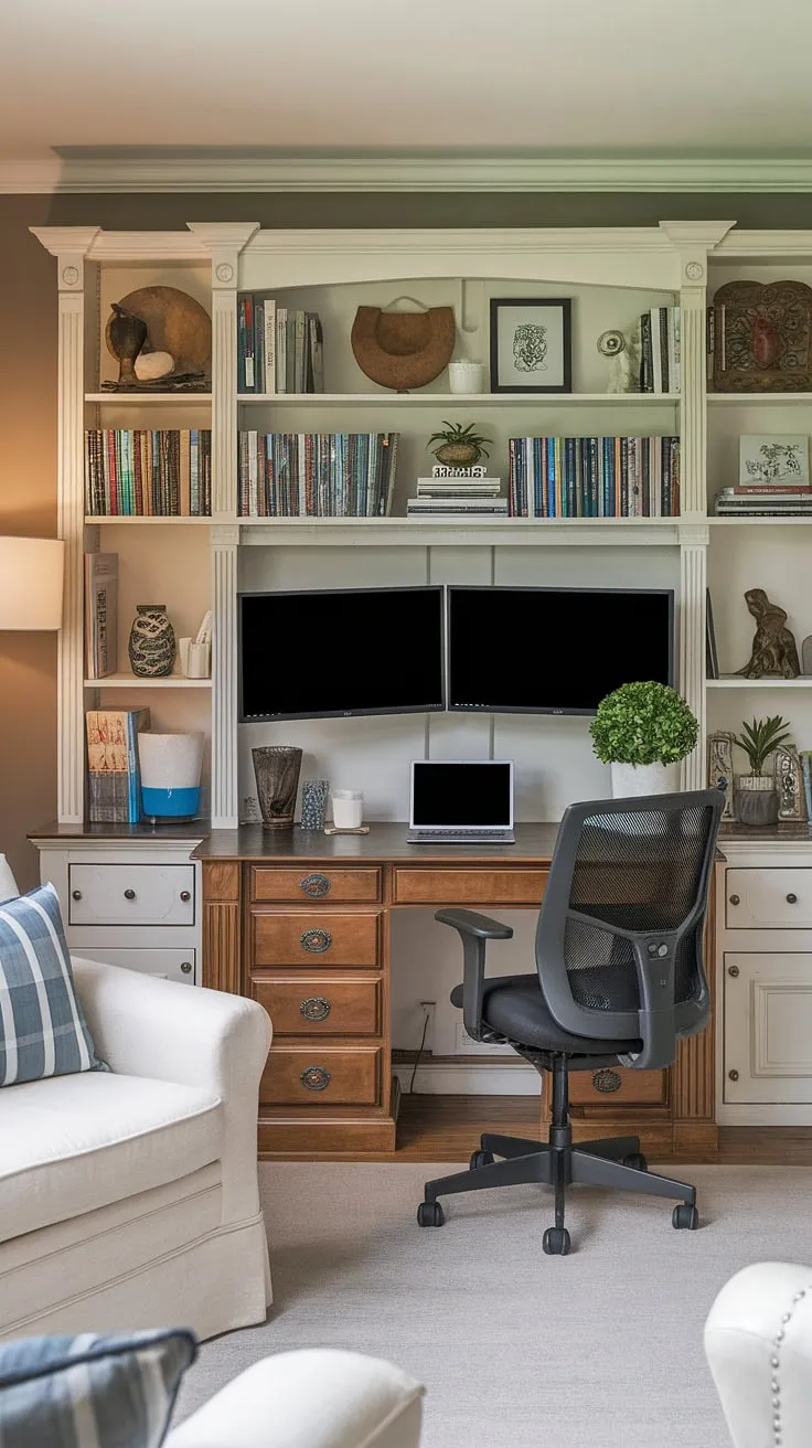 Transforming a living room into a functional and stylish home office doesn't require a huge space. This compact home office setup, perfect for small office design or even bedroom office ideas, showcases how creating office space in a living room can be both efficient and aesthetically pleasing.  The office setup with two monitors maximizes productivity, while the bookshelf adds personality.  This small space office proves that even a small area can become a productive and inspiring workspace; a far cry from an office in a closet!