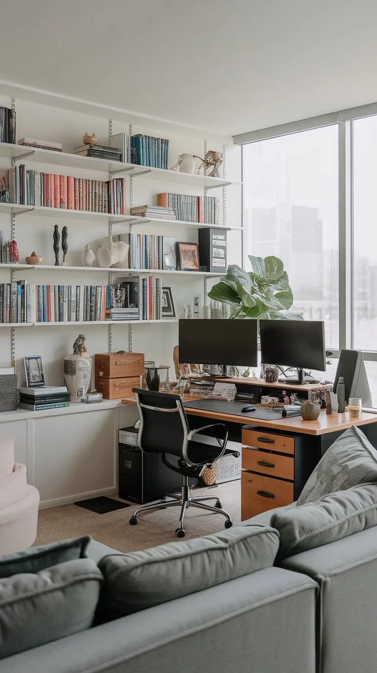Maximize your space and productivity with this inspiring living room office setup.  Clever home office ideas like this demonstrate how to create a functional and stylish small office design, even with limited square footage. The office setup with two monitors enhances workflow, while the bookshelf adds personality. This compact home office proves that creating office space in a living room is entirely achievable, offering a better alternative to a cramped office in a closet.  Perfect for bedroom office ideas too!