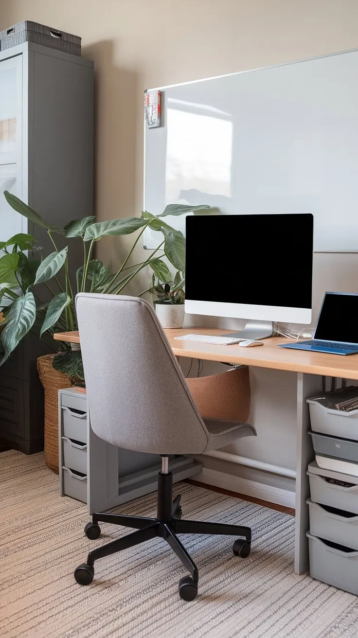 Maximize your space with this inspiring small office design!  This living room office setup demonstrates how to create a functional and stylish compact home office, even in a small space.  The office setup with two monitors provides ample screen real estate, while the green plant adds a touch of nature.  Forget the idea of needing a dedicated room; this home office design, perfect for bedroom office ideas or even an office in a closet, proves that creating office space in a living room is achievable and chic.  Get inspired by these home office ideas for your own small space office.