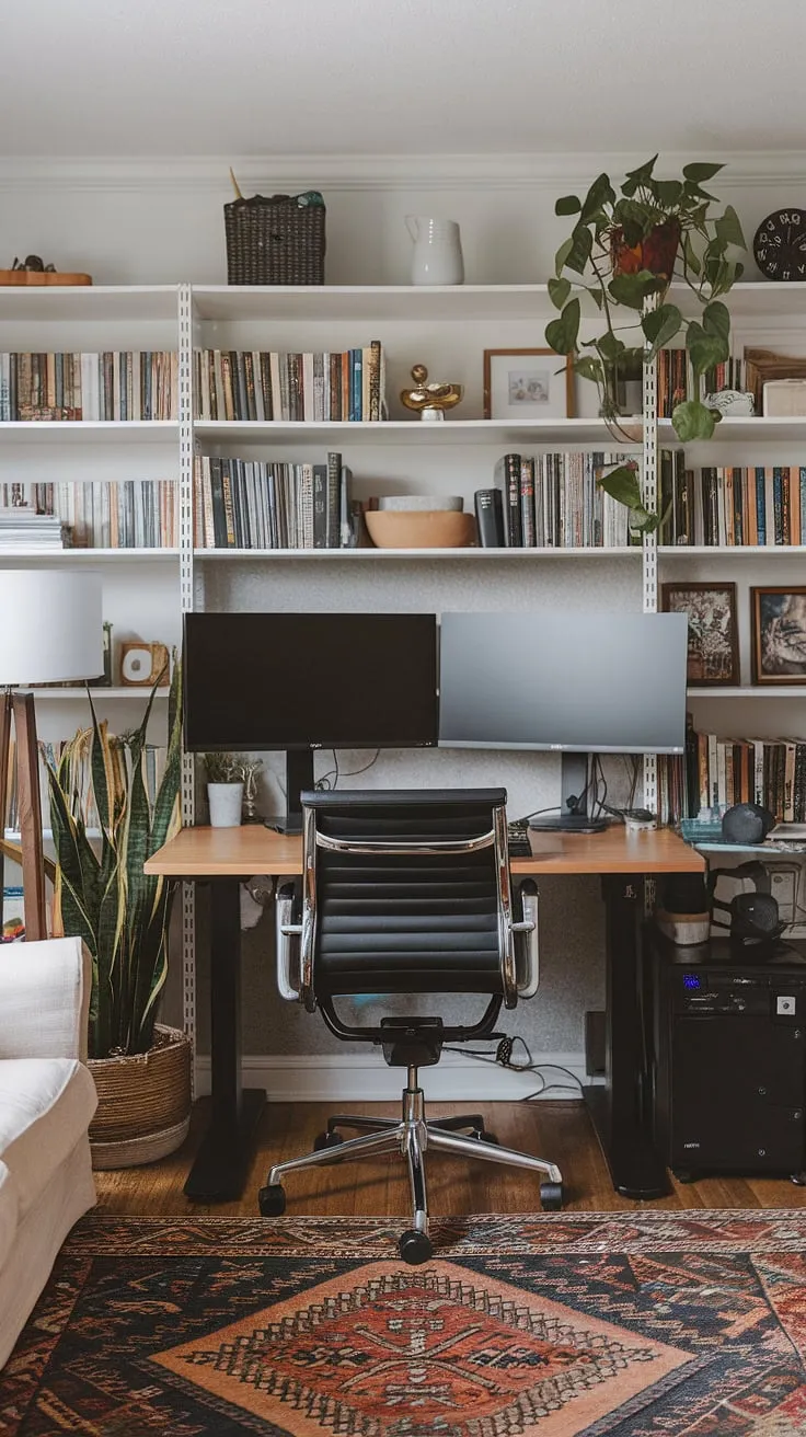 Maximize your productivity without sacrificing style. This compact home office setup, perfect for small space office solutions or even a bedroom office, showcases how to create office space in a living room.  The office setup with two monitors and organized bookshelf proves that even a small office design can be both functional and aesthetically pleasing.  This living room office is a testament to clever home office ideas.