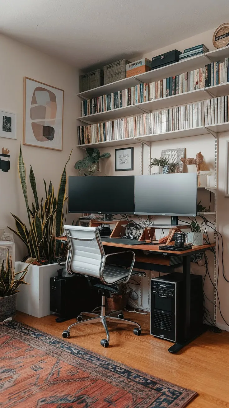 Transforming a corner of your living room into a productive haven? This compact home office setup, perfect for small space office solutions, proves that even a small office design can be stylish and functional.  The office setup with two monitors maximizes workspace, while the bookshelf and plant add a touch of home.  Great home office ideas for those creating office space in living room, or even adapting a bedroom office ideas or an office in closet.