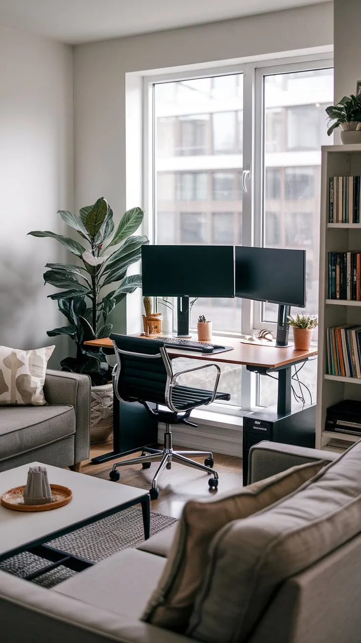 Transform your living room into a haven of productivity with this inspiring home office design.  This small office design cleverly utilizes a corner near the window, showcasing how to create office space in a living room without compromising on comfort.  The office setup with two monitors is perfect for multitasking, while the thoughtful decor elevates the space beyond a simple small space office.  For those seeking home office ideas or bedroom office ideas, this compact home office offers a wealth of inspiration, proving that even a living room office can be both functional and stylish.  No need for an office in closet – this is the ultimate compact home office solution.