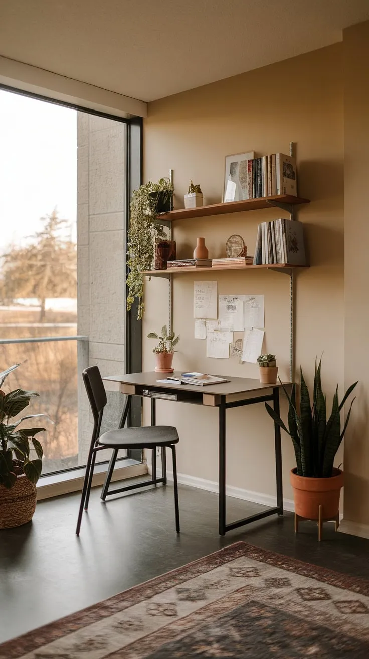 Maximize your productivity and style with this compact home office setup.  Creating office space in a living room doesn't mean sacrificing comfort or aesthetics; this small office design proves it.  The office setup with two monitors provides ample workspace, while the potted plant adds a touch of nature to this small space office. Perfect for home office ideas, bedroom office ideas, or even transforming a closet into a functional office in a closet.