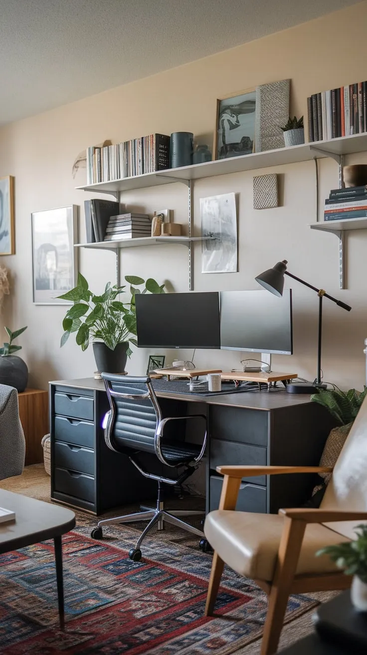 Transform a corner of your living room into a productive haven with this home office design.  This small office design showcases how to create a functional and stylish compact home office, perfect for those seeking home office ideas for small spaces.  The addition of two monitors enhances efficiency, while the plants and decor add a touch of personality.  Creating office space in a living room doesn't require sacrificing style—this setup proves that even a bedroom office or office in a closet can be both beautiful and functional.