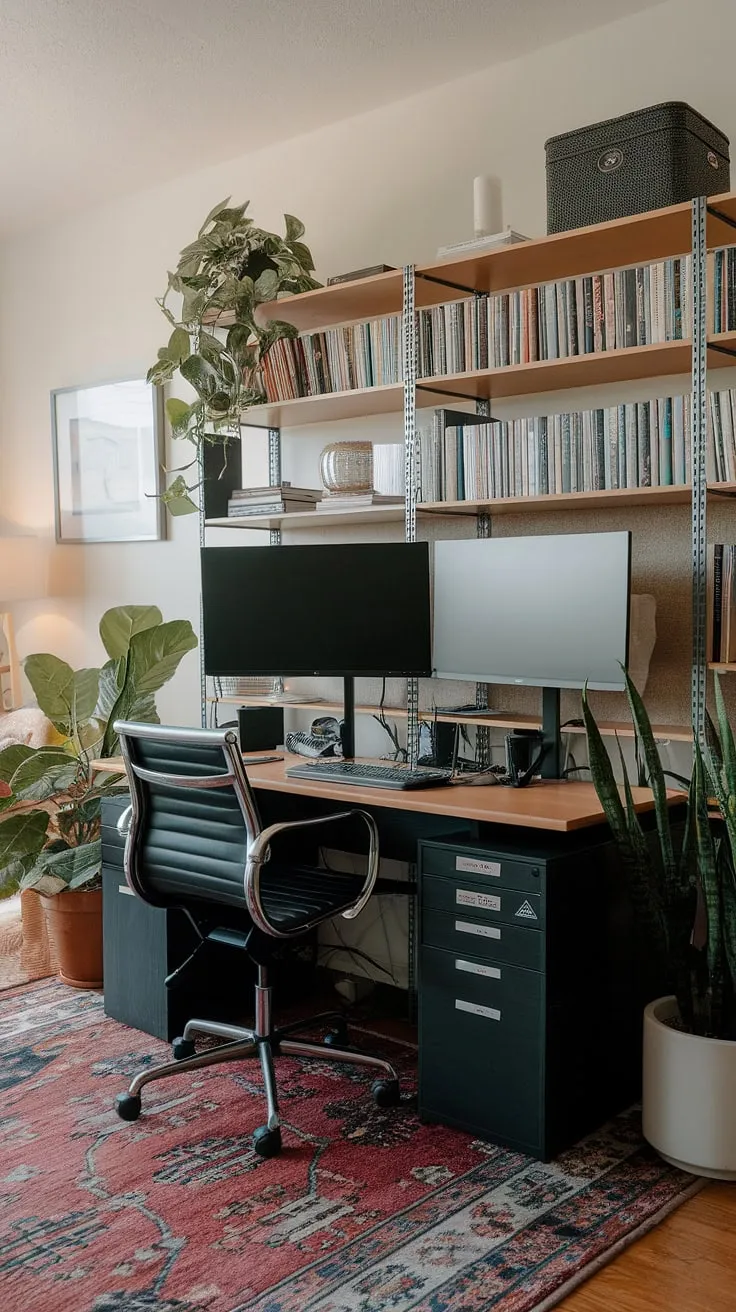 Maximize your living room's potential with this inspiring living room office.  This small office design showcases how to create a functional and aesthetically pleasing workspace, even in a compact home office.  From home office ideas to small space office solutions, this setup with two monitors offers ample screen real estate.  Perfect for those seeking bedroom office ideas or considering creating office space in living room, this setup proves that an office in closet isn't the only option for a productive home office design.
