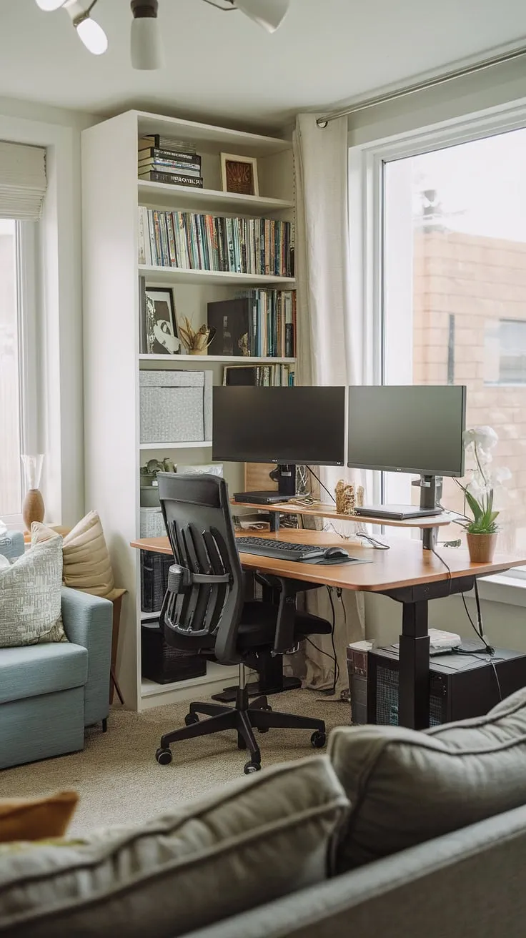Maximize your productivity without sacrificing style! This compact home office, nestled in a sunlit living room, proves that even a small space can be transformed into a highly functional workspace.  Clever home office ideas like this demonstrate how to create office space in a living room, offering a perfect blend of home office design and small office design, even rivaling the efficiency of an office in a closet.  The office setup with two monitors ensures seamless multitasking, while the comfortable chair and decorative touches maintain a welcoming atmosphere.  Perfect for bedroom office ideas or any small space office.