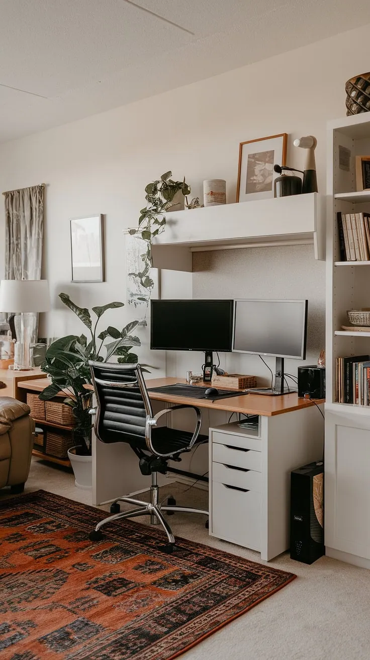 Maximize your home office ideas with this inspiring living room office setup.  This small office design cleverly utilizes a corner, showcasing how to create office space in a living room with a compact home office solution. The addition of two monitors enhances productivity, while the carefully chosen decor elevates the space beyond a simple office in a closet.  Perfect for those seeking small space office or bedroom office ideas, this setup proves that functionality and style can coexist beautifully in even the smallest of spaces.