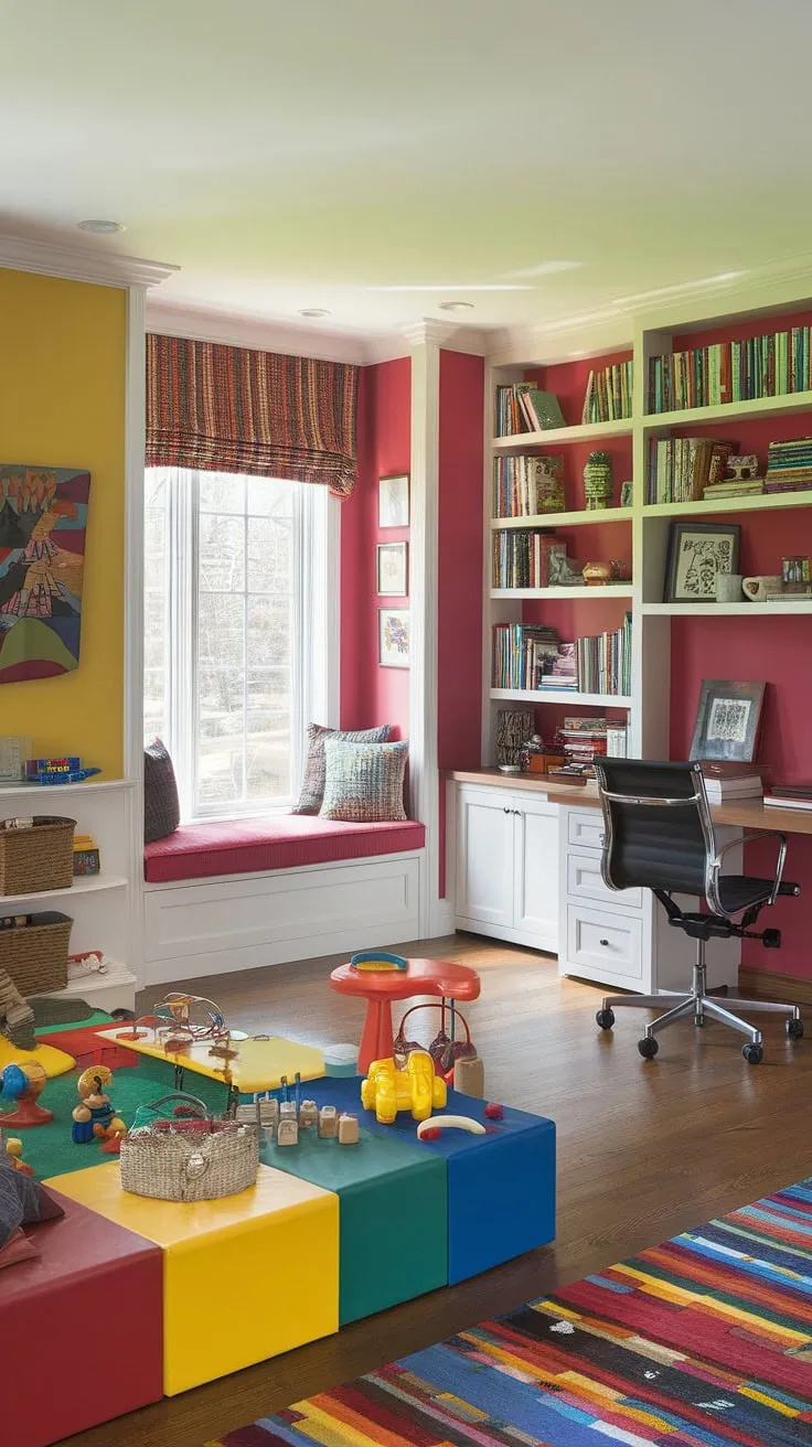 Transform your space with this home office and playroom combo! This colorful playroom design offers a dedicated small kids play area, a charming kids reading nook brimming with books, and a productive workspace.  The playroom built-ins maximize storage and define zones within this clever living room playroom layout.  Find endless colorful playroom ideas and playroom inspiration for kids, perfect for repurposing a dining room into playroom.