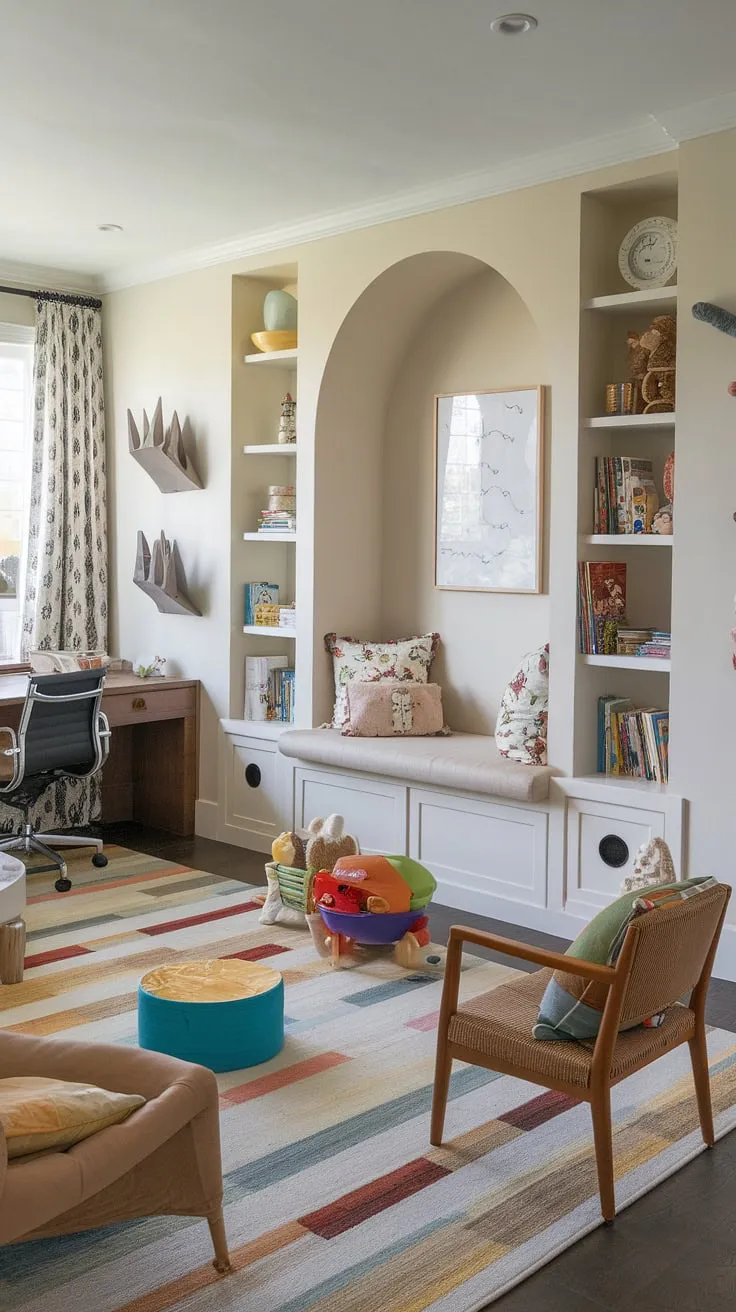 This living room's transformation into a vibrant and functional space is pure playroom inspiration for kids!  The clever playroom layout seamlessly integrates a home office and playroom combo, complete with playroom built-ins for toys and books, a cozy kids reading nook, and a colorful playroom design that's perfect for small kids.  The result? A delightful library playroom that's both playful and practical.
