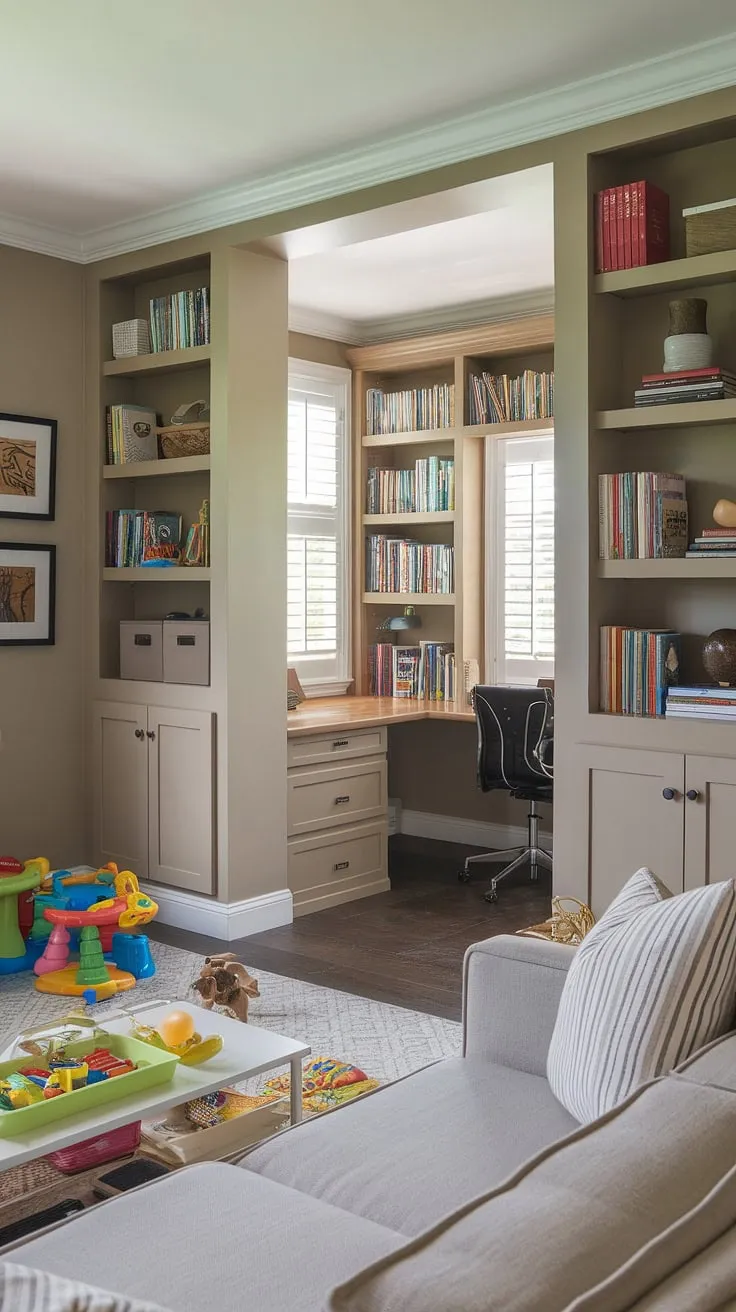 This home office and playroom combo seamlessly blends functionality and fun.  The clever playroom layout maximizes space, incorporating a small kids play area bursting with colorful playroom ideas, a cozy kids reading nook, and even a dedicated library area.  Playroom built-ins offer ample storage, while the neutral walls create a calming backdrop for this inspiring playroom inspiration for kids.  The integration of a dining room into playroom further enhances the room's versatility.
