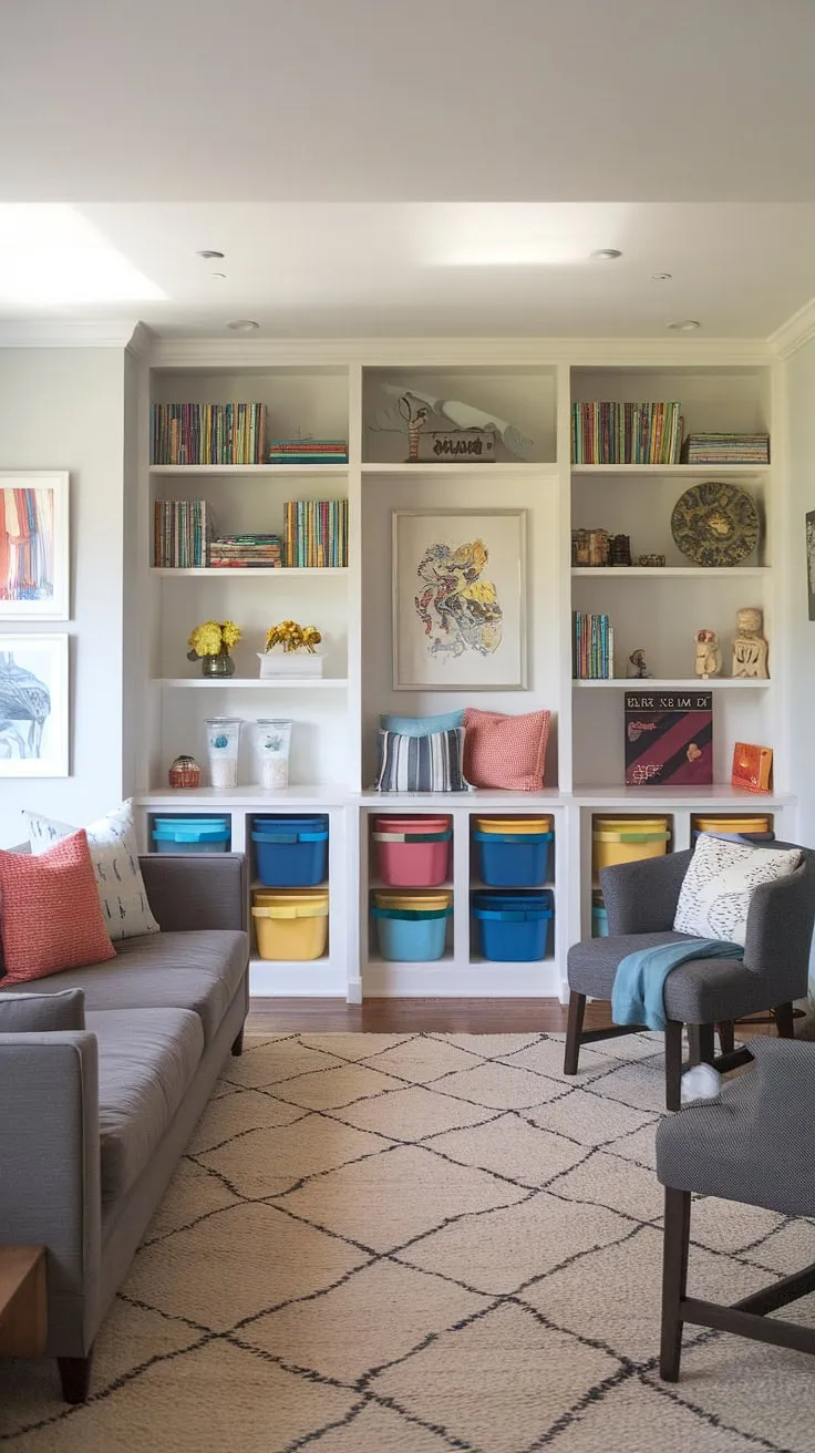 Playroom inspiration for kids comes alive in this stunning home office and playroom combo!  This living room playroom boasts a charming library playroom, complete with built-in shelves and a cozy kids reading nook ideas.  The colorful playroom ideas and thoughtful playroom layout create a fun and functional space for the whole family, proving that even a small kids play area can be a source of endless creativity.  The seamless integration of a dining area adds to the room's versatility.