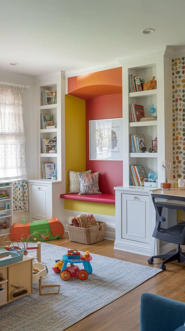 Transforming a space into a functional and fun haven? This home office and playroom combo offers a wealth of playroom inspiration for kids.  The colorful playroom ideas, including the kids reading nook and playroom built-ins, create a stimulating environment.  This living room playroom's smart layout showcases how to design a small kids play area within a larger space, even converting a dining room into playroom.  The result? A delightful library playroom that's both playful and productive.