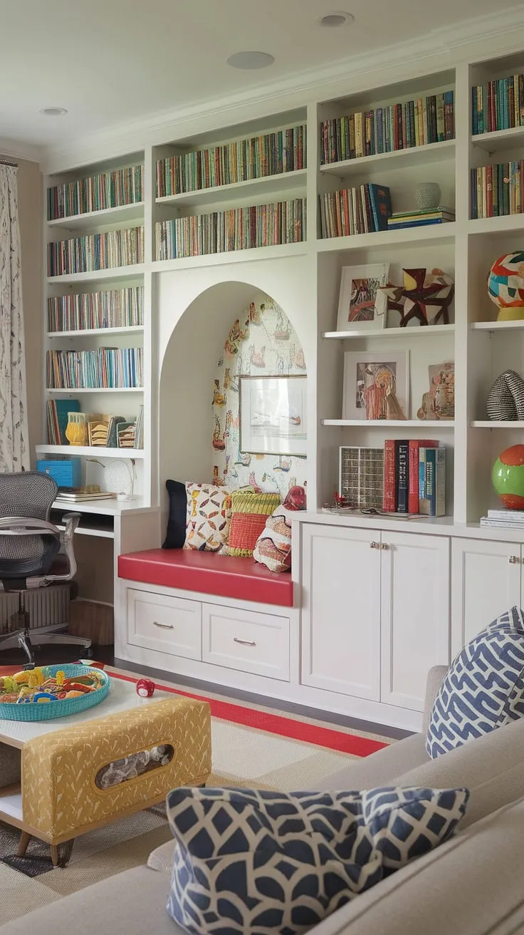 This vibrant living room playroom seamlessly blends work and play.  The clever playroom layout incorporates a dedicated home office and playroom combo, maximizing space with built-in bookshelves and a cozy kids reading nook.  Colorful playroom ideas bring the space to life, creating a stimulating small kids play area.  Integrating the dining room into the playroom adds functionality, while the overall library playroom inspiration fosters a love of learning. This is playroom inspiration for kids at its finest.