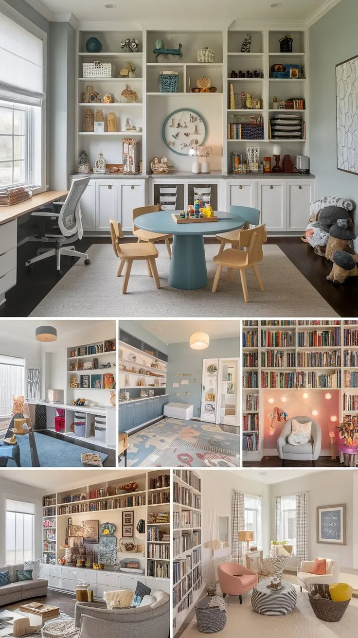 This vibrant living room playroom seamlessly blends work and play!  The home office and playroom combo features clever playroom built-ins, a dedicated small kids play area, and a charming kids reading nook ideas tucked away.  The dining room into playroom flow creates a naturally playful atmosphere, while the library playroom and thoughtful playroom layout offer endless inspiration for imaginative fun.  This colorful playroom ideas space proves that even a small space can be a haven of learning and creativity.