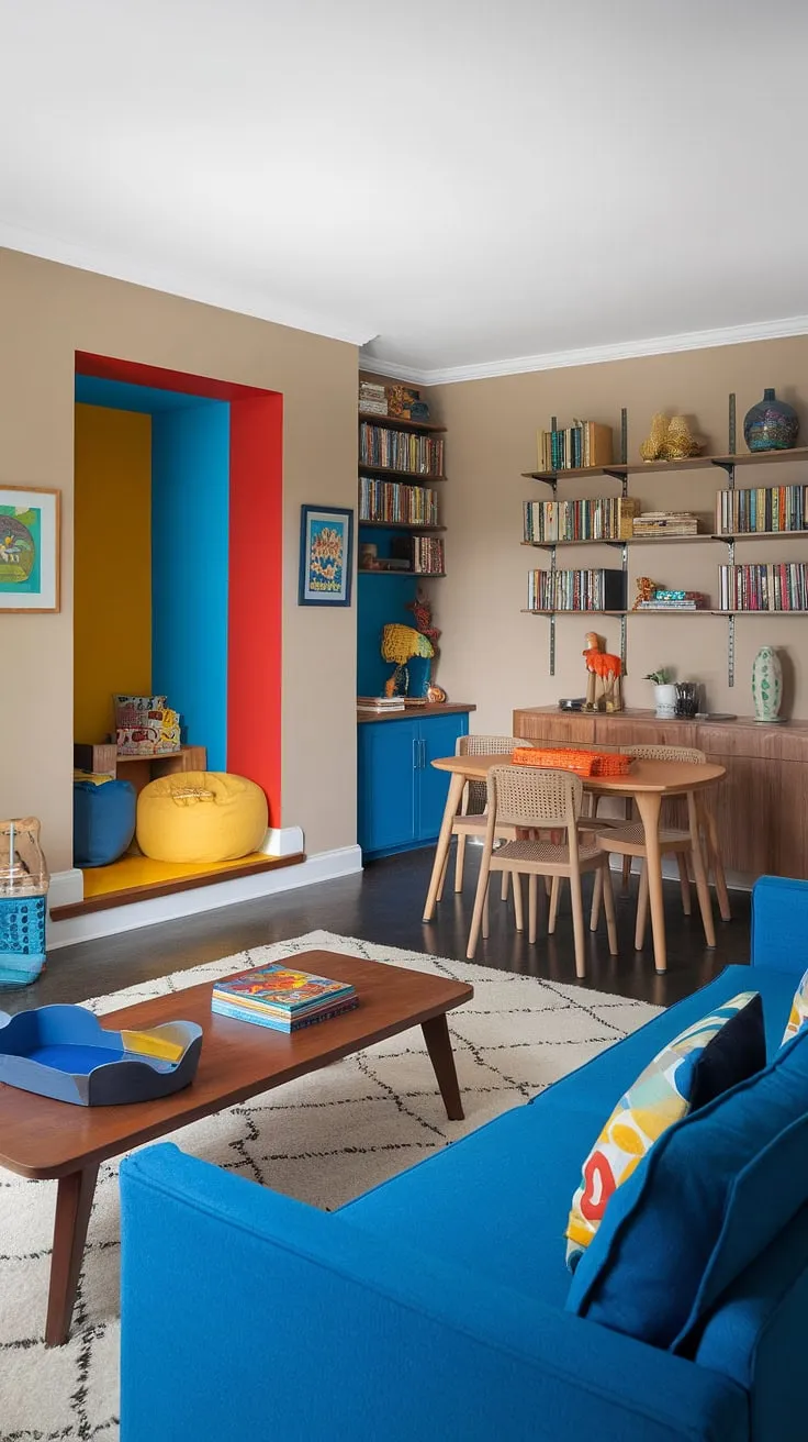 This home office and playroom combo proves that functionality and fun can coexist beautifully.  The clever playroom layout maximizes space, incorporating a dedicated kids reading nook, a small kids play area, and even integrates the dining room into playroom time.  Playroom built-ins aren't necessary to achieve this vibrant, colorful playroom; pops of blue, yellow, and red add energy, while the beige walls create a calming backdrop. This living room playroom offers endless playroom inspiration for kids and parents alike, transforming a small space into a library playroom haven.