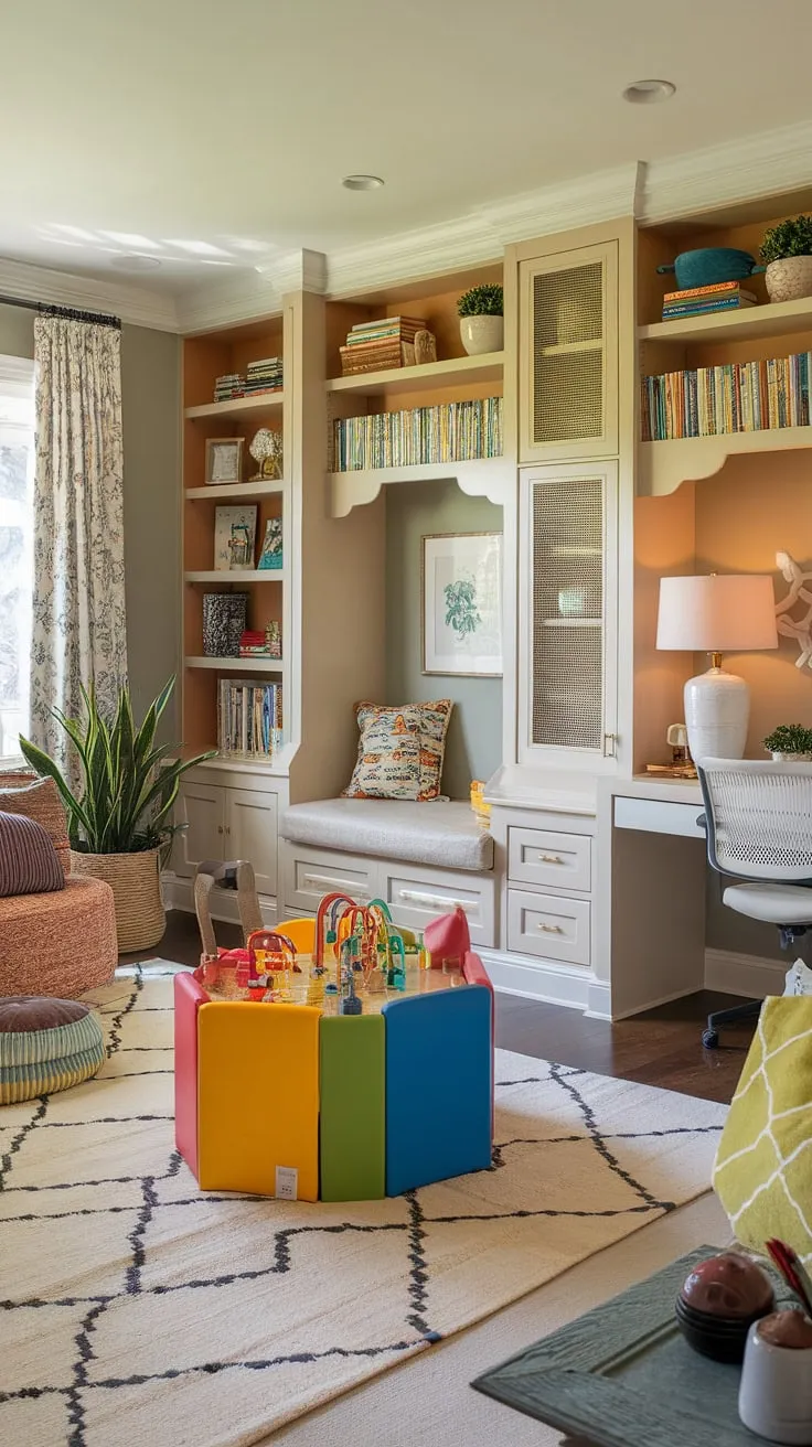 This home office and playroom combo proves that functionality and fun can coexist beautifully.  Clever playroom built-ins maximize space, creating a dedicated small kids play area, a cozy kids reading nook, and even a mini-library within this inspiring playroom layout.  Transforming a dining room into a playroom? This colorful playroom idea is the perfect inspiration for kids of all ages.