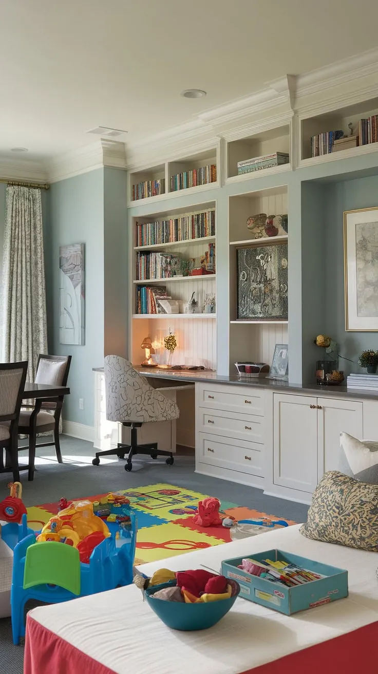 This home office and playroom combo proves that functionality and fun can coexist beautifully.  Clever built-ins maximize space, creating a dedicated small kids play area, a cozy kids reading nook, and a productive workspace, all while maintaining a cheerful and colorful playroom atmosphere.  The seamless flow from the dining room into the playroom enhances the overall family-friendly layout, offering endless playroom inspiration for kids.