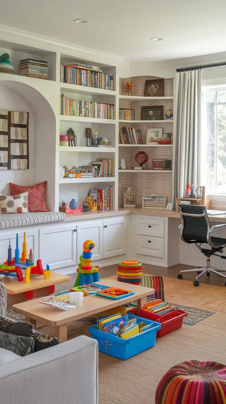 Transforming a living room into a vibrant library playroom? This space showcases how a thoughtful playroom layout can seamlessly blend work and play.  The custom playroom built-ins, including a cozy kids reading nook, maximize storage and create distinct zones.  Get playroom inspiration for kids with this colorful playroom ideas showcase – a perfect home office and playroom combo that's both functional and fun for the whole family.