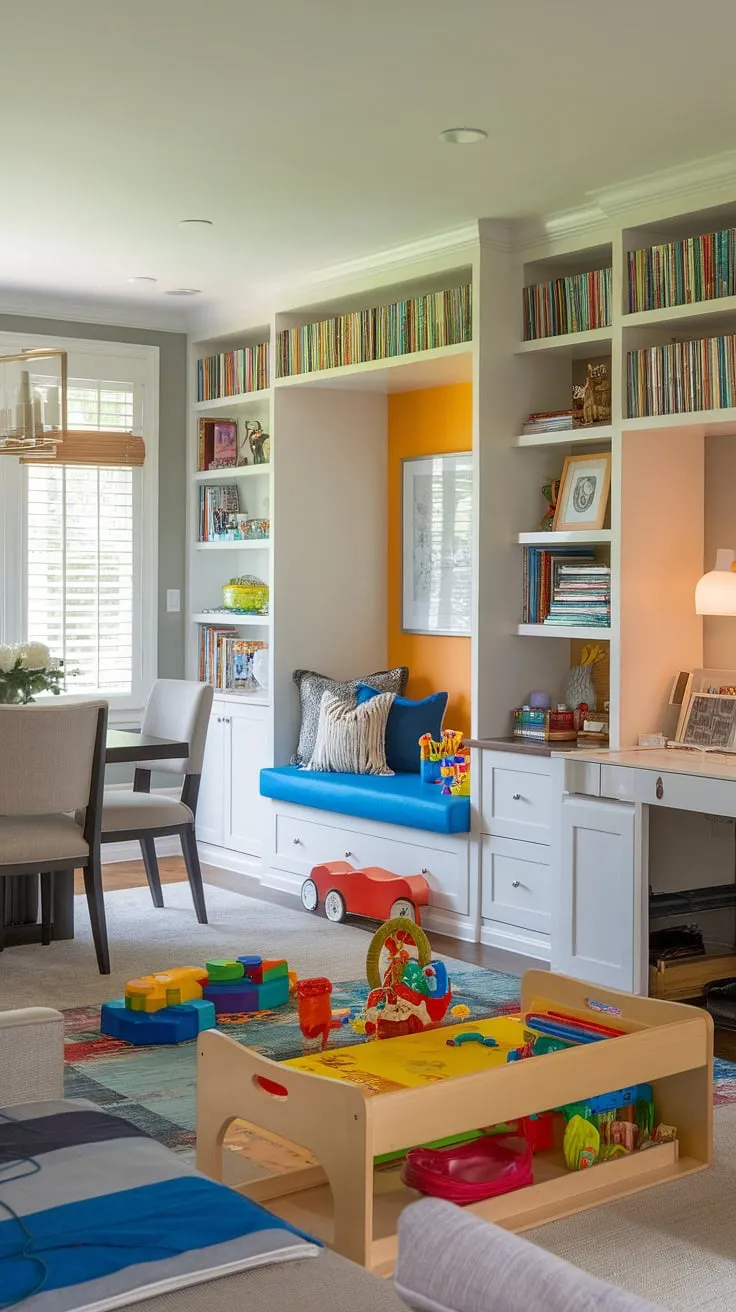 Transforming a living room into a dynamic playroom doesn't mean sacrificing style or functionality. This home office and playroom combo showcases ingenious playroom built-ins, a dedicated kids reading nook brimming with ideas, and a cheerful small kids play area.  The clever playroom layout even incorporates the dining room into the playroom flow, making it the ultimate playroom inspiration for kids.