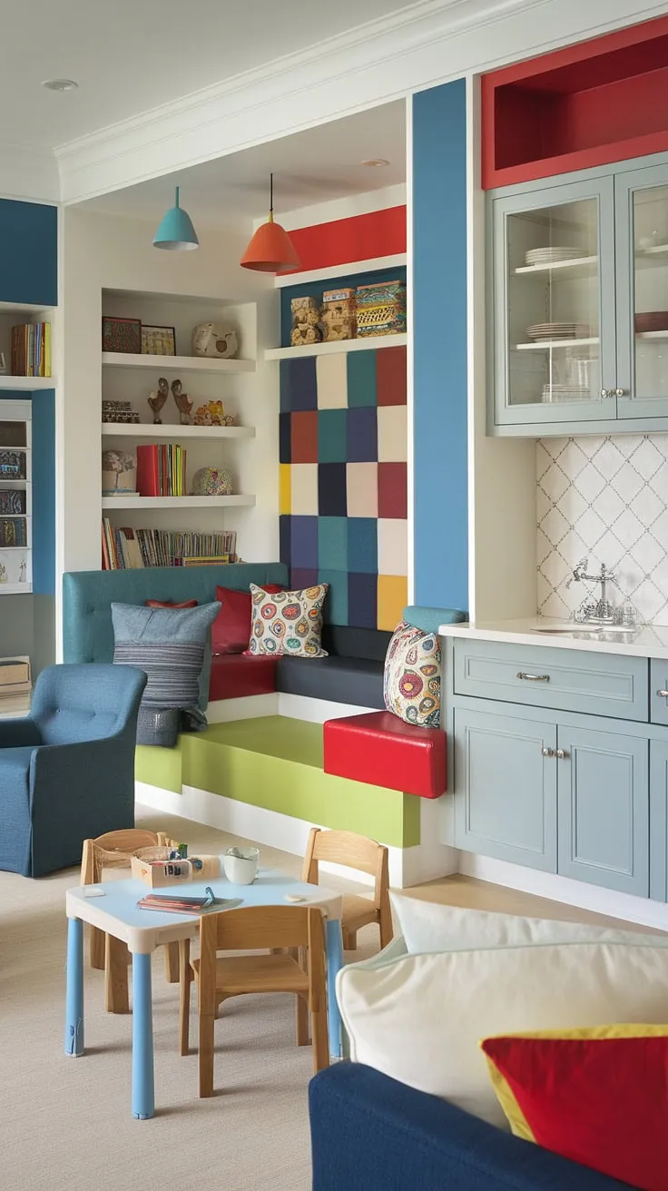 This open-plan living room playroom seamlessly blends functionality and fun.  The playroom built-ins maximize space, while the colorful playroom ideas create a vibrant atmosphere perfect for imaginative play. A dedicated kids reading nook and small kids play area offer quiet moments, and the clever integration of a home office and playroom combo, even incorporating the dining room into playroom, makes this a truly inspiring playroom layout.  Playroom inspiration for kids doesn't get much better than this!