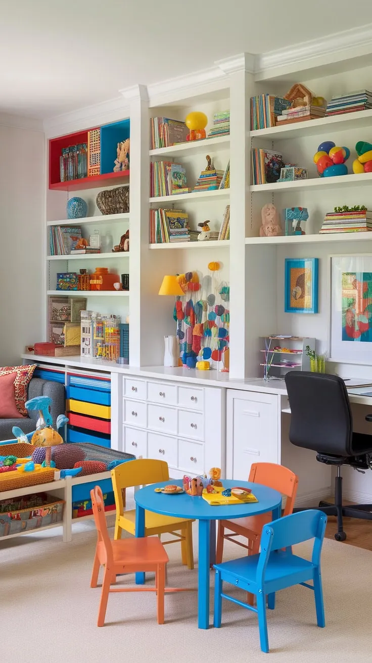 This playroom layout masterfully combines a home office and playroom, converting a former dining room into a cheerful living room playroom.  The playroom built-ins maximize storage, while the kids reading nook provides a quiet corner for imaginative play.  Overflowing with colorful playroom ideas, this space offers endless playroom inspiration for kids and is a testament to how a small kids play area can be both functional and fun.  A true library playroom dream!
