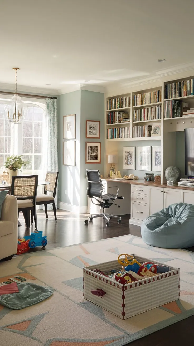 Transforming a living room into a vibrant playroom and home office? This space proves it's possible!  This home office and playroom combo offers a perfect blend of functionality and fun, with a dedicated small kids play area, a charming kids reading nook, and clever playroom built-ins.  The colorful playroom ideas and thoughtful playroom layout create a space that's both stimulating and organized, offering plenty of playroom inspiration for kids.  The nearby dining room completes the picture of family-centered design.