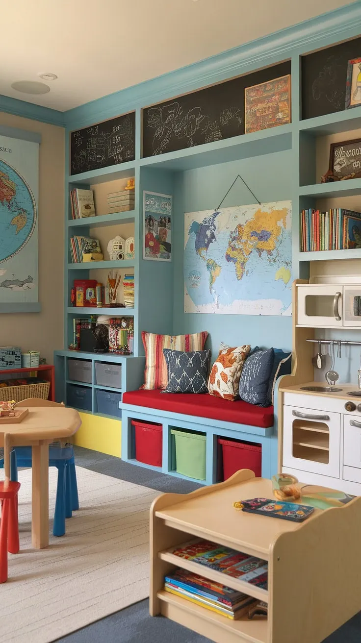This vibrant living room playroom seamlessly blends learning and fun.  The clever playroom layout incorporates a dedicated home office and dining room into the space, maximizing functionality.  Playroom built-ins, a cozy kids reading nook, and a charming play kitchen create a stimulating environment.  This playroom inspiration for kids offers endless possibilities, transforming a small kids play area into a whimsical library playroom brimming with colorful playroom ideas.