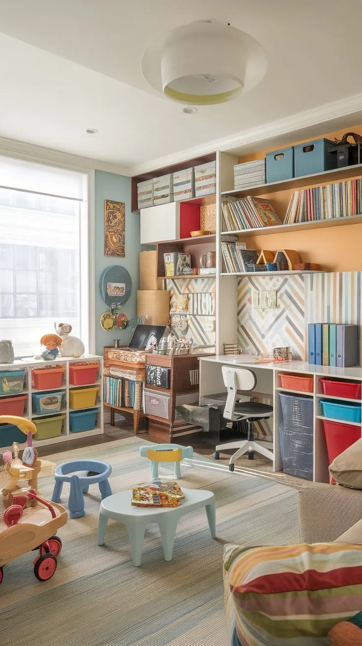 Transforming a living room into a dynamic home office and playroom combo? This space showcases how a thoughtful playroom layout can create a vibrant and functional environment.  Playroom built-ins cleverly maximize storage, while a dedicated kids reading nook and small kids play area provide distinct zones for quiet time and active play.  The colorful playroom ideas and library playroom feel create a space bursting with personality.  Find your playroom inspiration for kids here – even a small space can be a wonderland.