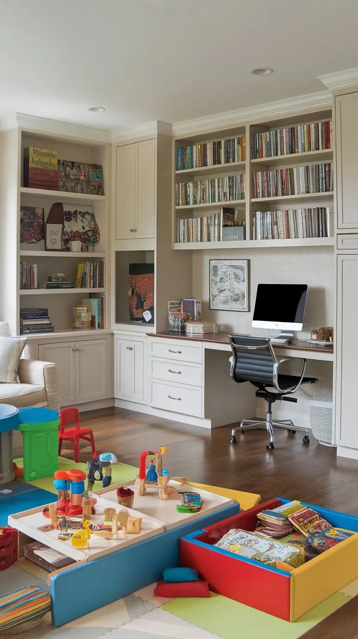 This living room playroom is the ultimate multi-functional space!  Colorful playroom ideas abound in this design, featuring a dedicated small kids play area, a cozy kids reading nook, and a well-organized home office.  The playroom built-ins and thoughtful playroom layout make the most of every inch, providing ample storage and a stimulating environment.  Find endless playroom inspiration for kids and discover how to create your own dream library playroom.