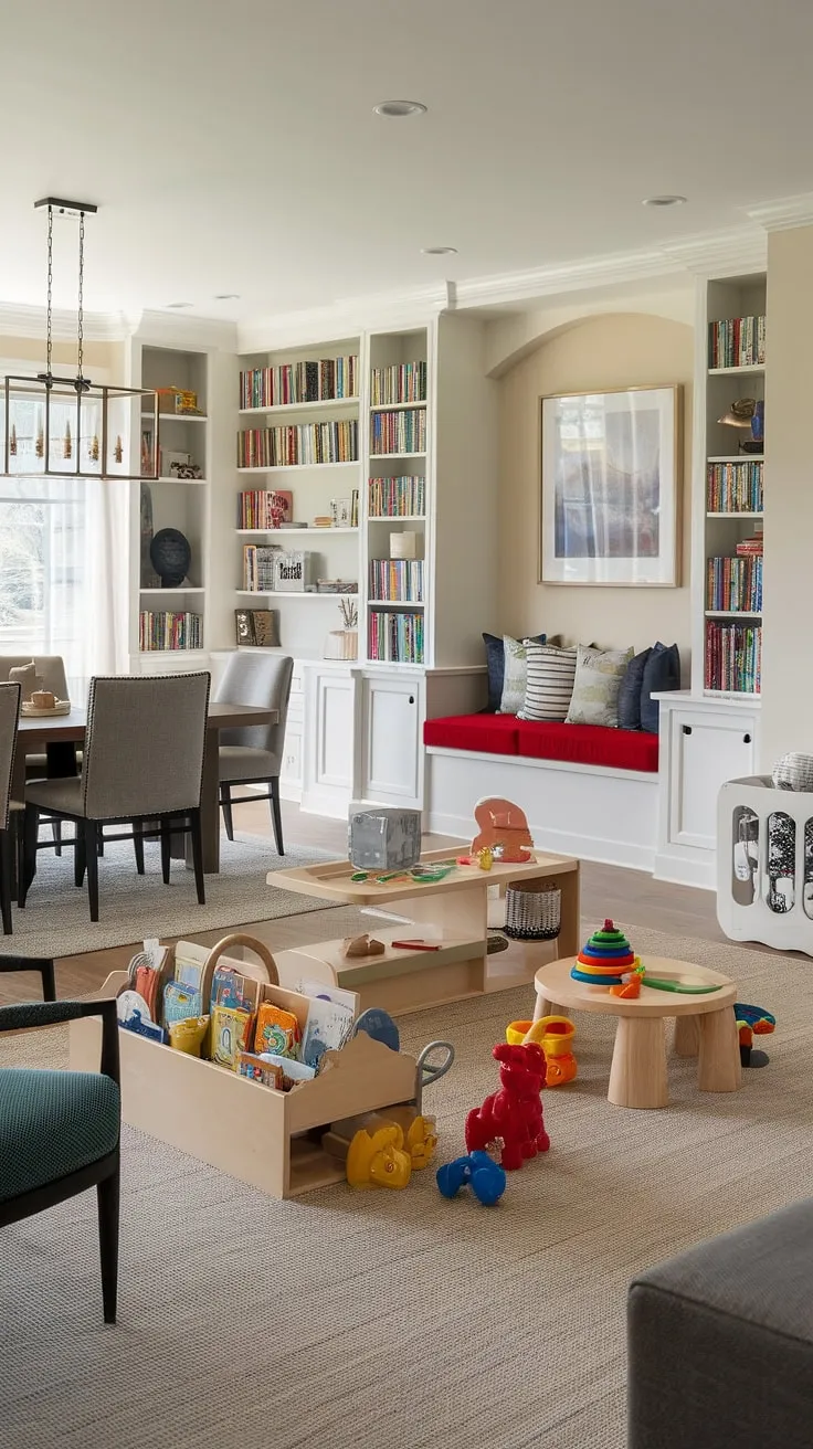 Transforming a living room into a vibrant and organized space? This playroom layout proves it's possible!  The dining room into playroom conversion is genius, creating a home office and playroom combo that's both stylish and practical.  Note the playroom built-ins, the dedicated small kids play area, and the charming kids reading nook ideas – a true library playroom brimming with colorful playroom ideas.