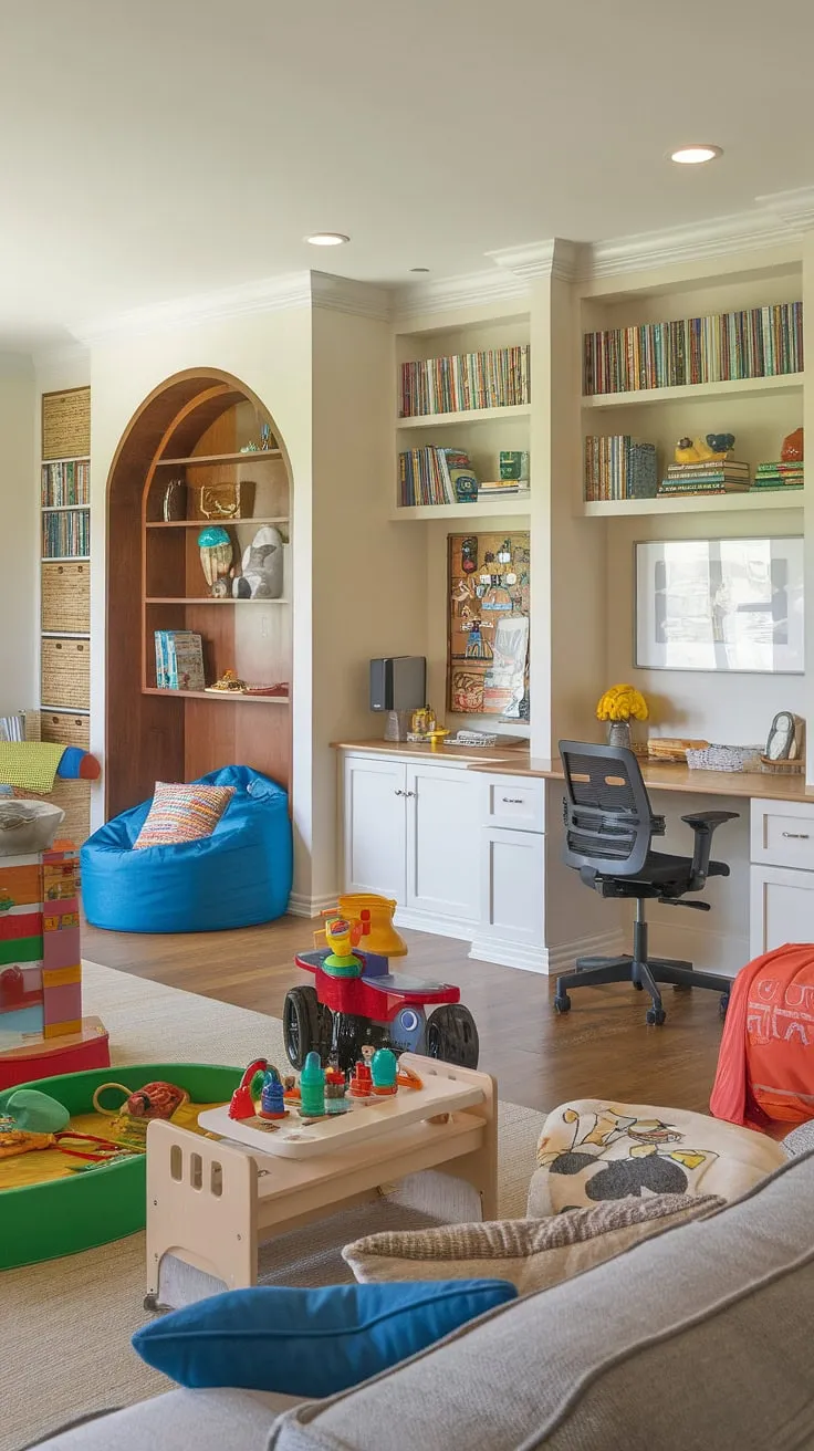 Transforming a living room into a vibrant playroom doesn't mean sacrificing style or functionality. This home office and playroom combo showcases ingenious playroom built-ins and colorful playroom ideas, creating a dedicated small kids play area.  A cozy kids reading nook adds a touch of magic, while the smart playroom layout ensures both parents and children have their own dedicated spaces.  Find playroom inspiration for kids in this stunning library playroom design – a testament to how a dining room into playroom conversion can be both beautiful and practical.