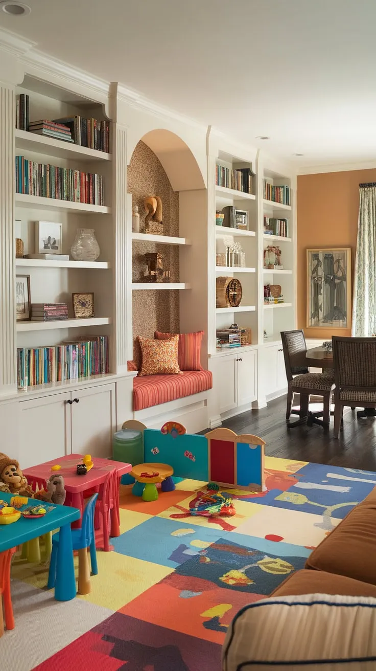 Transforming a living room into a vibrant and functional playroom, home office, and dining area? This inspiring space shows how it's done!  The playroom built-ins cleverly organize toys and books, creating a dedicated small kids play area and a charming kids reading nook.  This library playroom and home office and playroom combo offers endless playroom inspiration for kids, showcasing a smart and stylish playroom layout.  The colorful playroom ideas bring joy to every corner, making it a truly welcoming family hub.