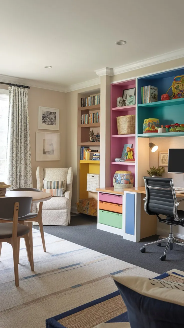 Transforming a small space into a vibrant living room playroom doesn't have to be a challenge. This home office and playroom combo showcases ingenious playroom layout ideas, including colorful playroom ideas and kids reading nook ideas.  The playroom built-ins cleverly organize toys and books, creating a dedicated small kids play area within a larger, multi-functional room.  The result? A stunning and practical home office and playroom combo that's brimming with playroom inspiration for kids.