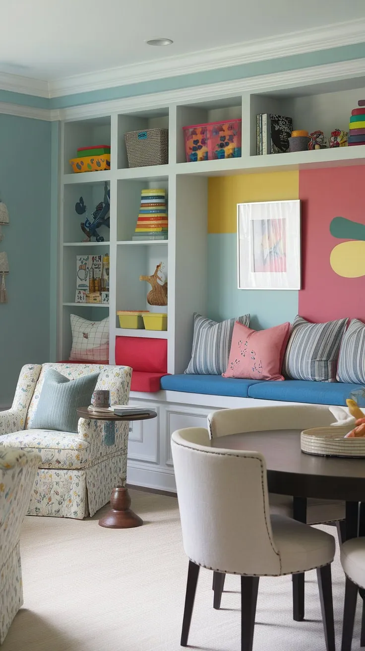 Transforming a small space into a vibrant haven for learning and play! This home office and playroom combo boasts colorful playroom ideas, clever playroom built-ins maximizing storage, a dedicated kids reading nook, and a surprisingly functional playroom layout.  Perfect playroom inspiration for kids, this design seamlessly integrates a small kids play area with a dining room into playroom functionality, creating a library playroom feel without sacrificing adult space.