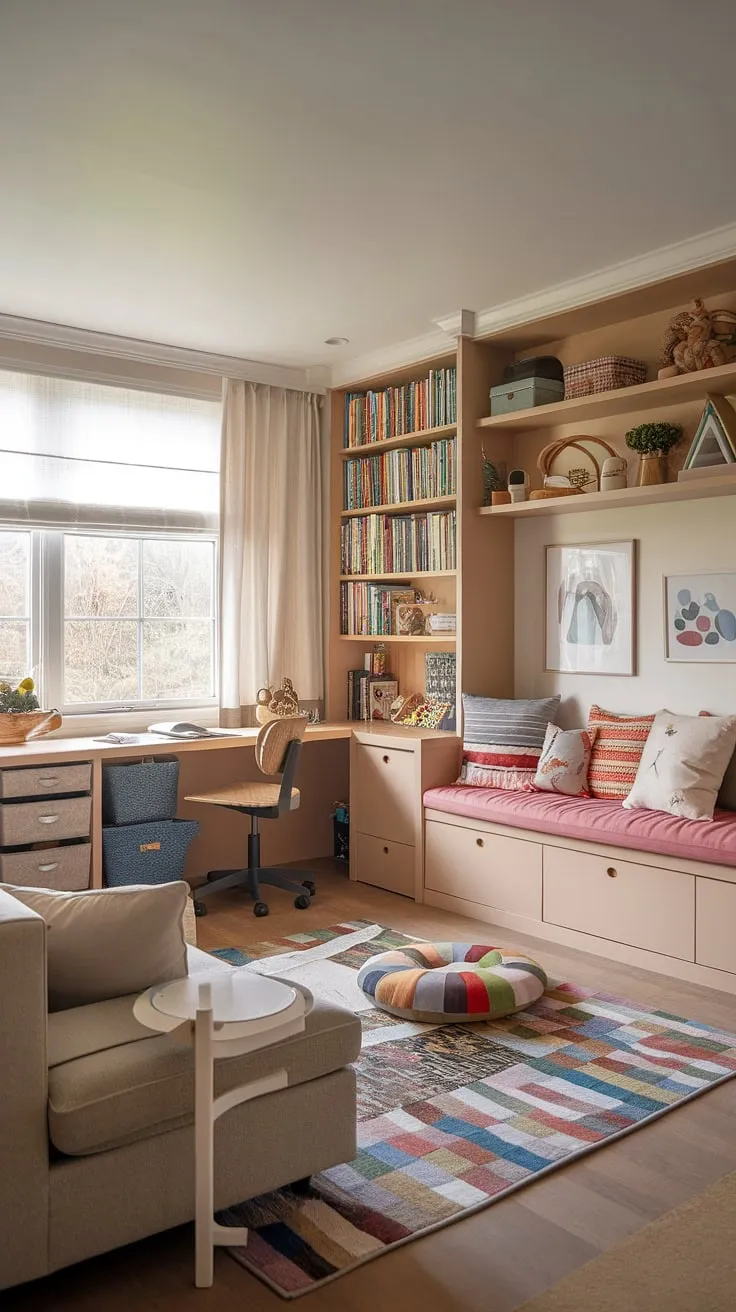 Sunlight streams into this inspiring living room playroom, seamlessly blending a home office with a dedicated play area.  Clever playroom built-ins and a cozy kids reading nook create distinct zones within this colorful playroom, perfect for play and quiet time. This playroom layout demonstrates how to successfully convert a dining room into playroom, offering a wealth of playroom inspiration for kids of all ages.