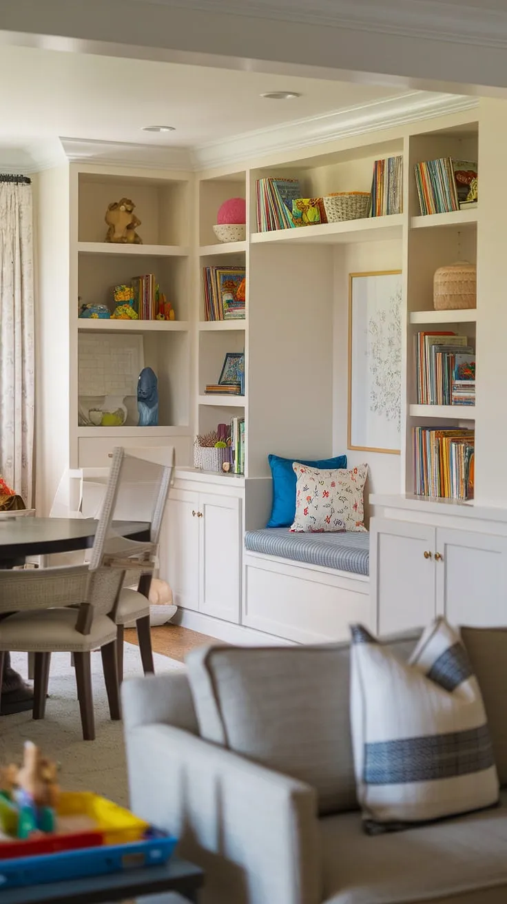 This home office and playroom combo seamlessly blends work and play, transforming a small space into a vibrant haven for learning and fun.  Clever playroom built-ins maximize storage, while a dedicated kids reading nook and colorful playroom ideas create a stimulating library playroom environment.  The integrated dining room into playroom layout ensures family time flows effortlessly, offering endless playroom inspiration for kids and a practical small kids play area.