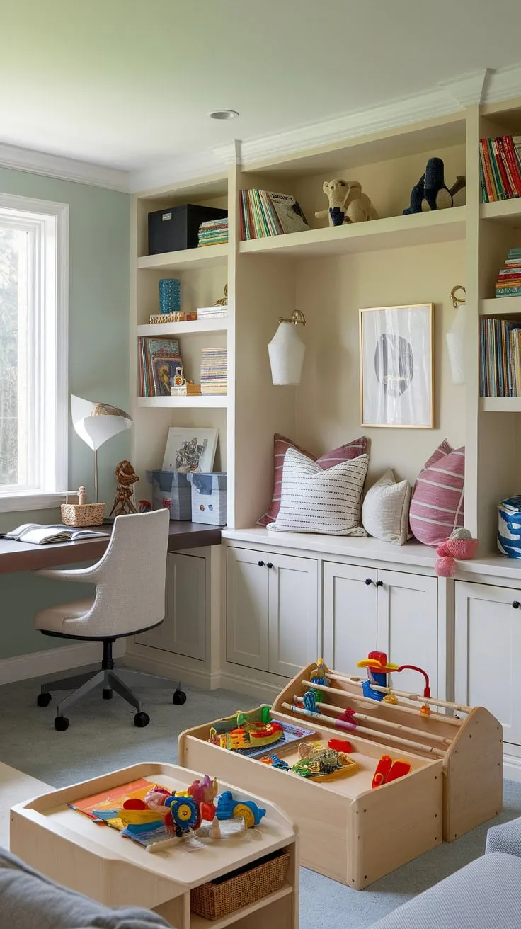 Transforming a small space into a vibrant haven for both work and play! This home office and playroom combo boasts clever playroom built-ins, a dedicated kids reading nook brimming with library playroom charm, and a colorful playroom layout perfect for playroom inspiration for kids.  The small kids play area is a testament to maximizing space, proving that even a dining room into playroom conversion can yield stunning results.