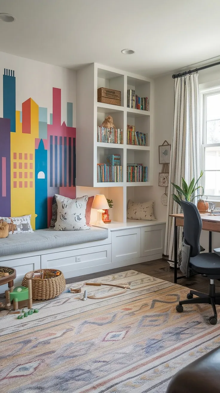 Transforming a living room into a dynamic home office and playroom? This space showcases how!  Colorful playroom ideas abound in this library playroom design, featuring custom built-ins that cleverly incorporate a dedicated kids reading nook and small kids play area. The smart playroom layout maximizes every inch, offering a perfect blend of work and play.  Find endless playroom inspiration for kids in this inspiring home office and playroom combo.