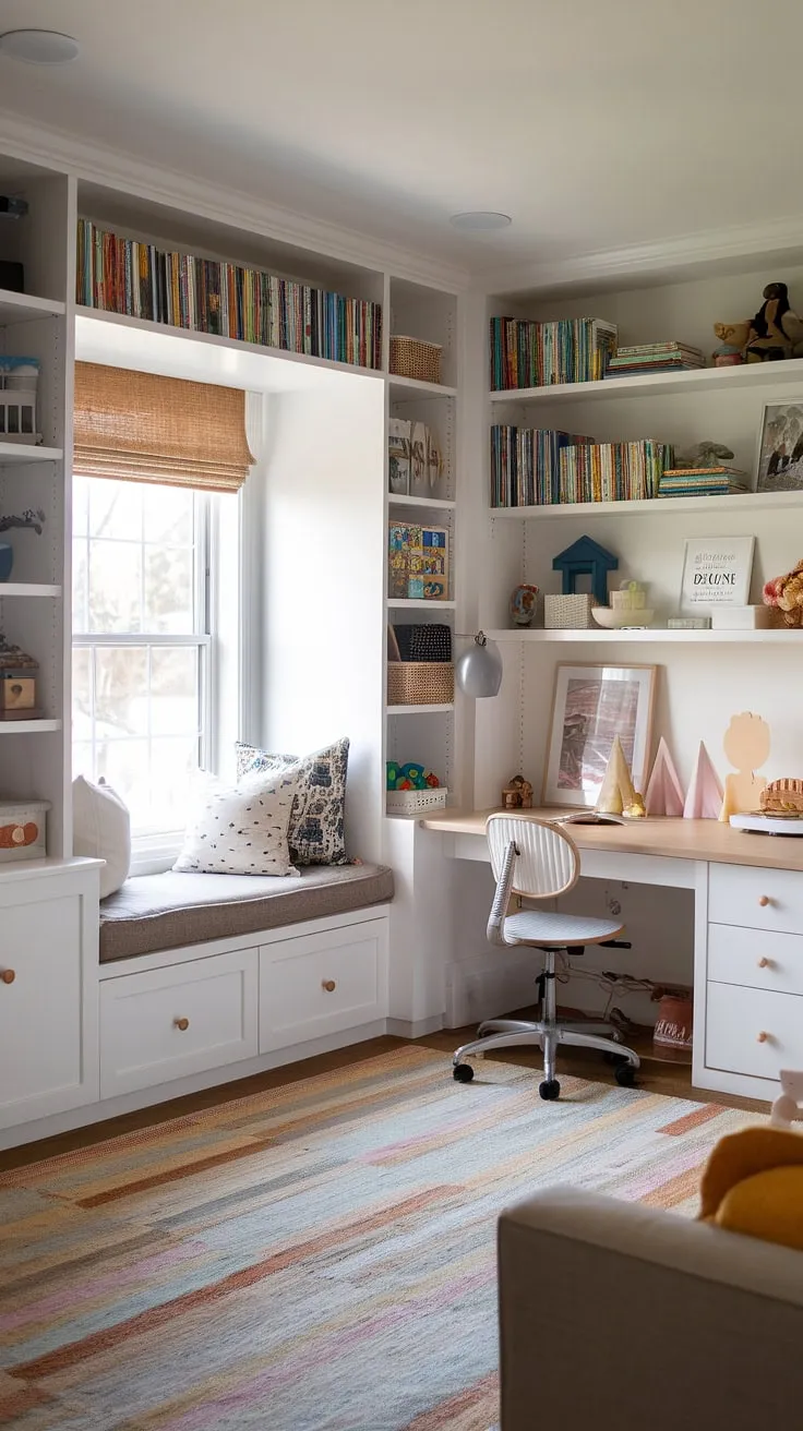 This living room's transformation into a vibrant playroom is pure playroom inspiration for kids!  Custom-built shelves and cabinets cleverly maximize space, creating a home office and playroom combo that's both functional and fun.  The kids' reading nook, nestled in the window seat, adds a touch of magic, while the colorful playroom ideas and thoughtful playroom layout ensure there's a dedicated small kids play area for every activity.  A true library playroom, perfect for imaginative play and quiet reading time.