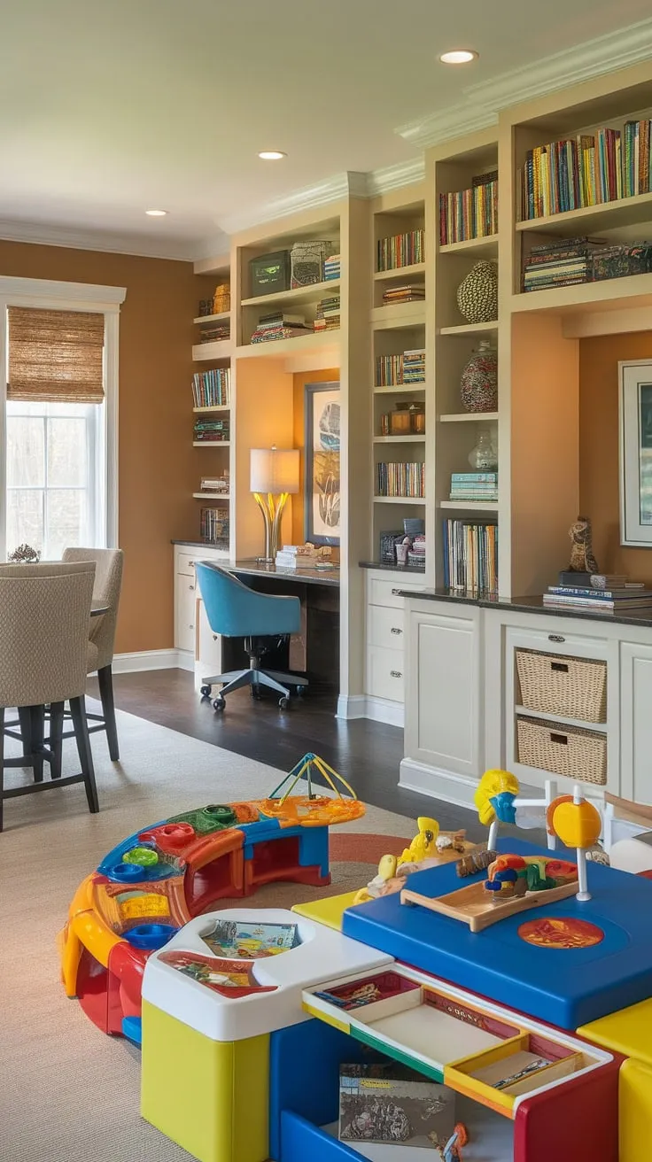 This home office and playroom combo seamlessly blends functionality and fun.  Clever built-ins maximize space, creating a dedicated small kids play area, a cozy kids reading nook, and a productive workspace, all within a warm and inviting living room playroom layout.  The colorful playroom ideas and integrated dining room into playroom design offer endless inspiration for kids.  This library playroom is the ultimate playroom inspiration for kids.