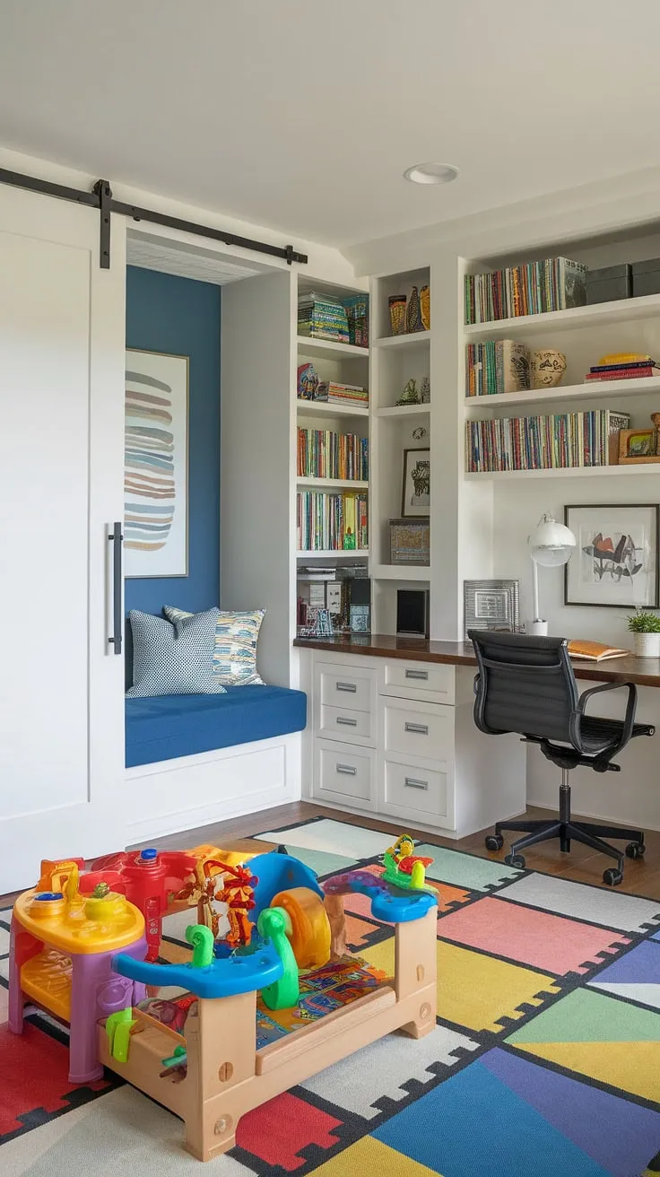 This living room playroom is the ultimate multi-functional space!  Colorful playroom ideas abound in this design, showcasing a smart playroom layout with dedicated zones for work, play, and reading.  The playroom built-ins maximize storage, while the kids reading nook offers a quiet escape.  Find playroom inspiration for kids and discover how to create a home office and playroom combo that's both stylish and practical, even in a small kids play area.
