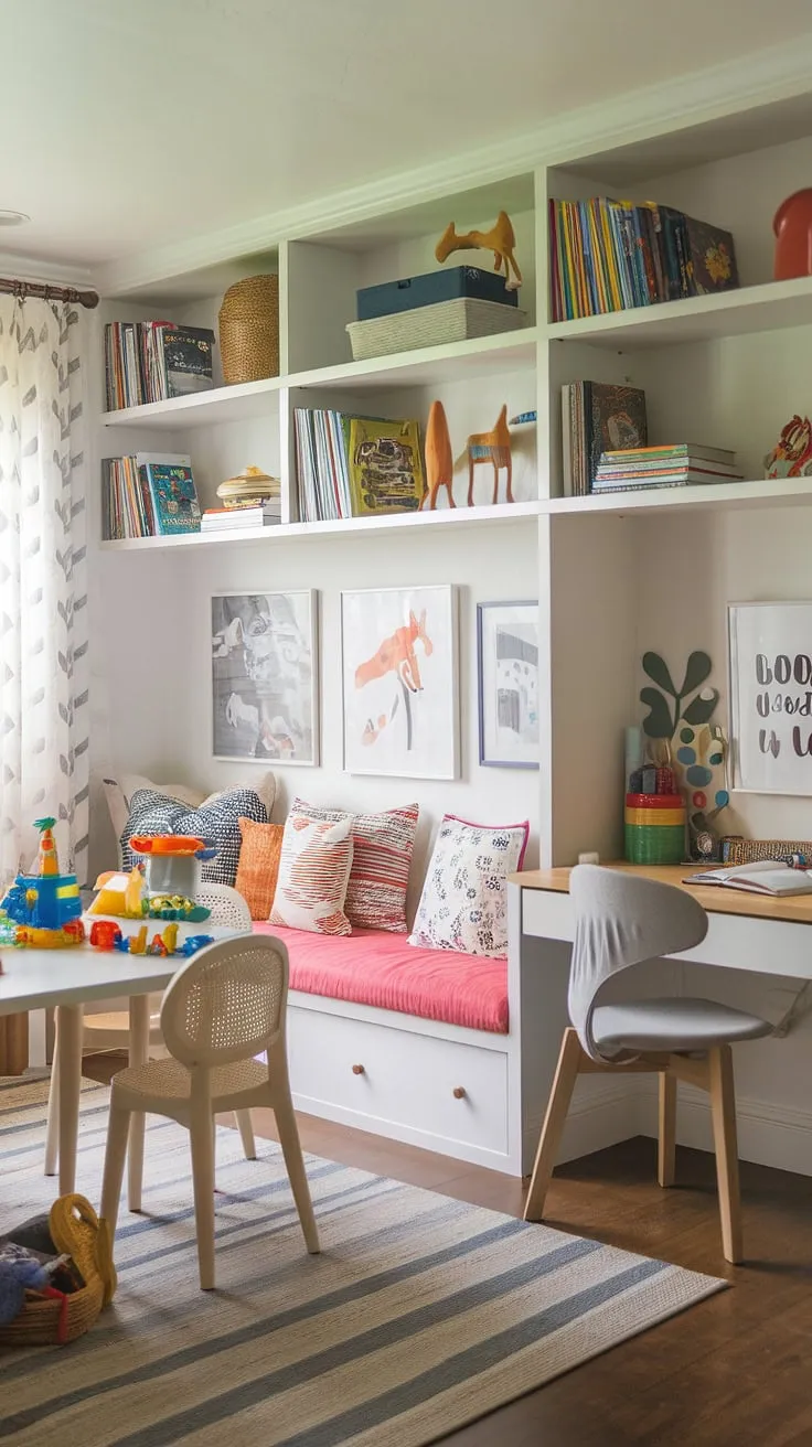 Transforming a dining room into a vibrant and functional home office and playroom combo was a dream come true!  This small kids play area boasts clever playroom built-ins, a dedicated kids reading nook, and a playful library playroom feel, offering endless playroom inspiration for kids. The colorful playroom ideas and thoughtful playroom layout maximize space, creating a haven for both work and play.
