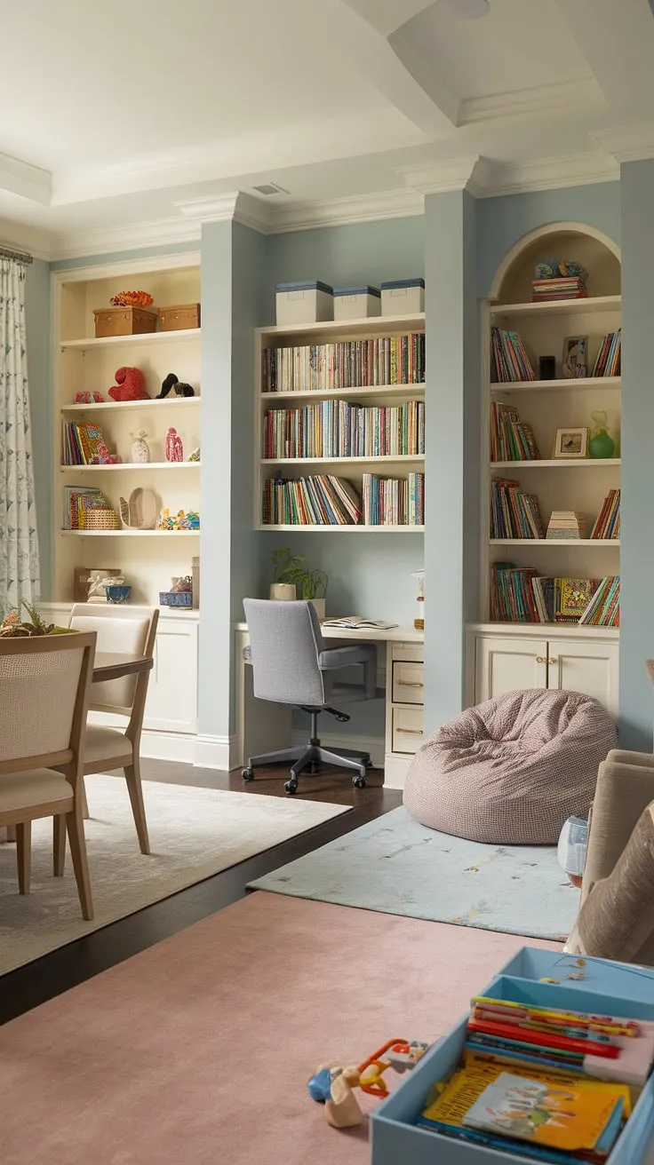 This home office and playroom combo seamlessly blends work and play.  The clever playroom layout maximizes space, incorporating built-ins for toys and books, a dedicated kids reading nook, and a small kids play area.  The soft blue walls and pink rug create a calming atmosphere, while colorful playroom ideas bring vibrancy.  The flow from dining room into playroom is effortless, making this playroom inspiration for kids truly exceptional.  A library playroom feel is achieved with the abundant bookshelves.