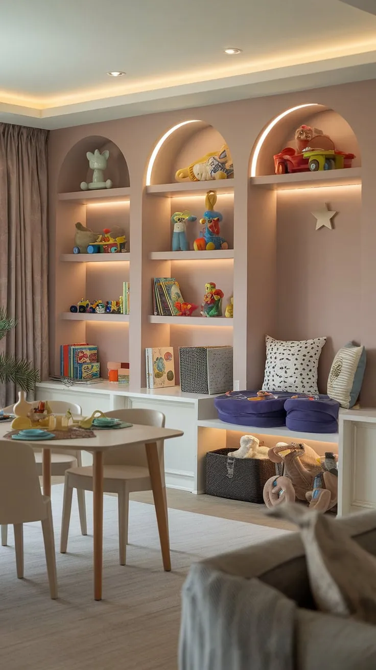 This living room playroom seamlessly blends functionality and fun.  The home office and playroom combo maximizes space, while the clever dining room into playroom design creates a vibrant hub for family life.  Playroom built-ins overflow with colorful playroom ideas, offering a dedicated small kids play area and a cozy kids reading nook.  This library playroom layout is pure playroom inspiration for kids, proving that even a small space can be transformed into a magical world of learning and play.