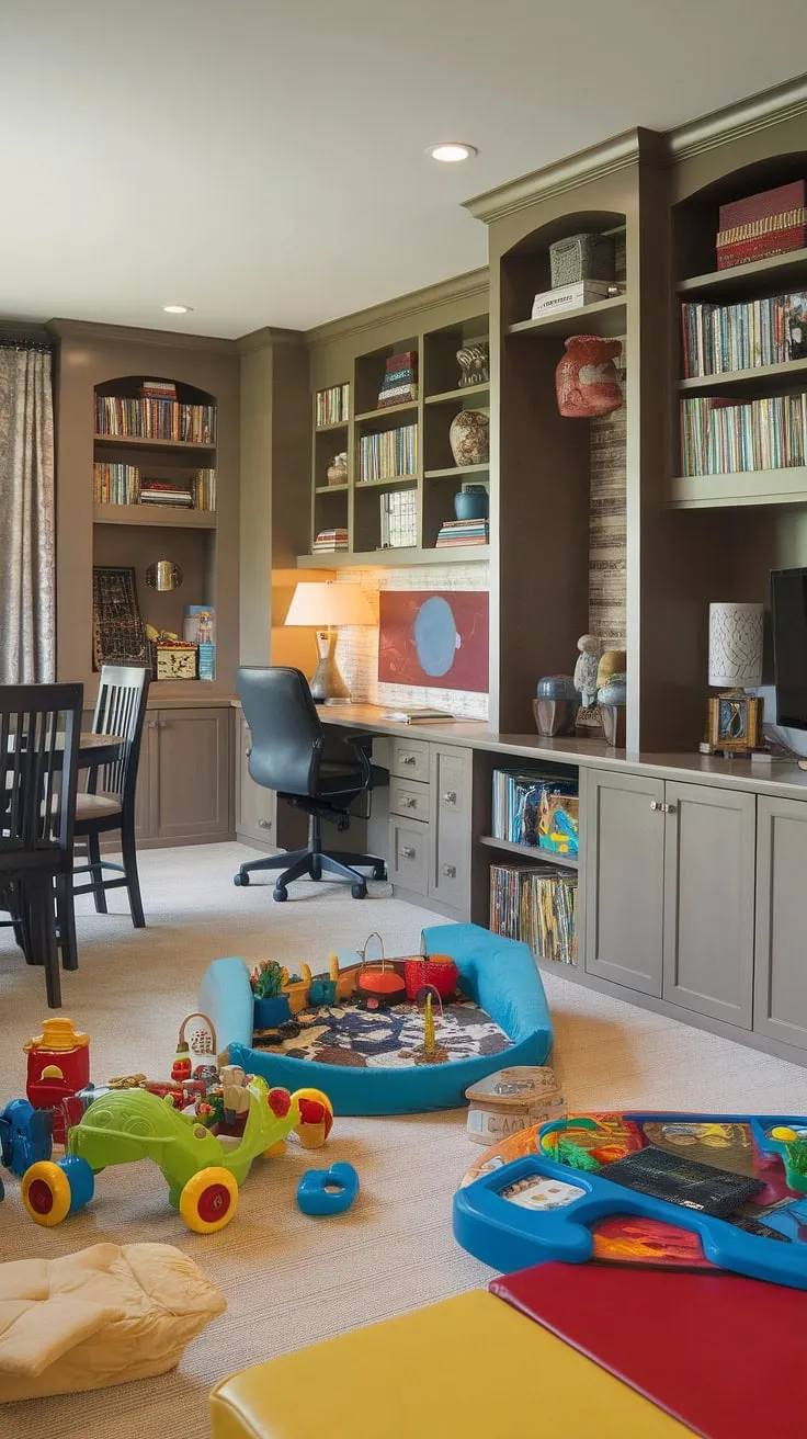 This home office and playroom combo proves that functionality and fun can coexist beautifully.  Clever built-ins maximize space, creating a dedicated small kids play area, a cozy kids reading nook, and a productive workspace, all while seamlessly incorporating a dining area into the playroom layout.  Plenty of playroom inspiration for kids is found in the colorful playroom ideas and library playroom feel.  A perfect example of a living room playroom design that works!