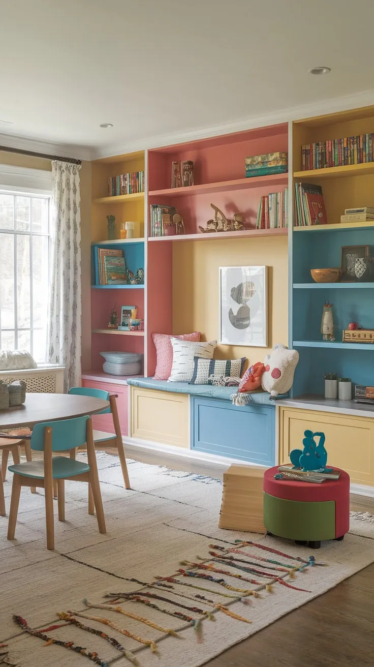 This home office and playroom combo is the ultimate space-saving solution!  See how we cleverly integrated a living room playroom, kids reading nook ideas, and a library into one design.  The playroom built-ins add pops of color, while the thoughtful playroom layout ensures there's room for work, play, and relaxation.  Get playroom inspiration for kids with this colorful playroom ideas and learn how to transform a dining room into playroom, creating the perfect small kids play area.